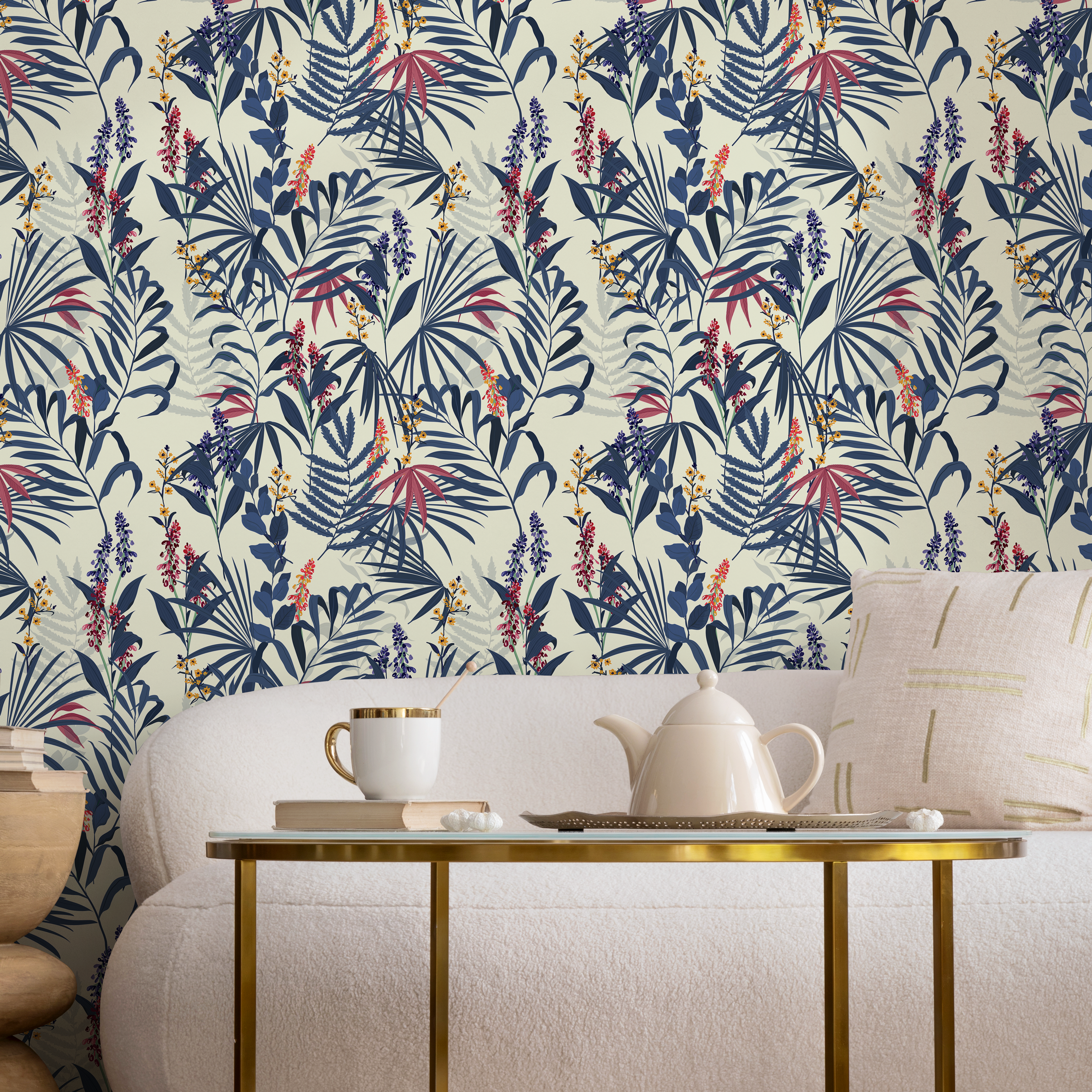 Botanical Wallpaper With Tropical Leaves And Flowers In Blue, Red, And Yellow - B414