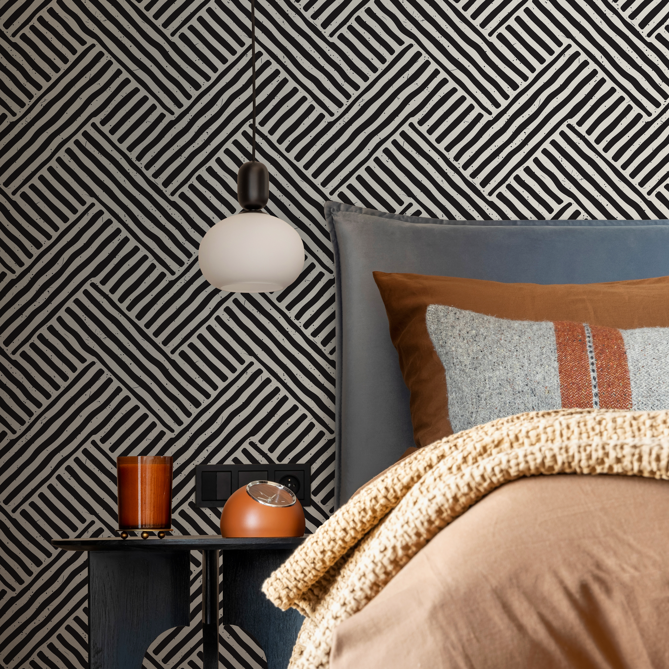 Geometric Wallpaper With A Hand-drawn Line Motif In Black And White - B415