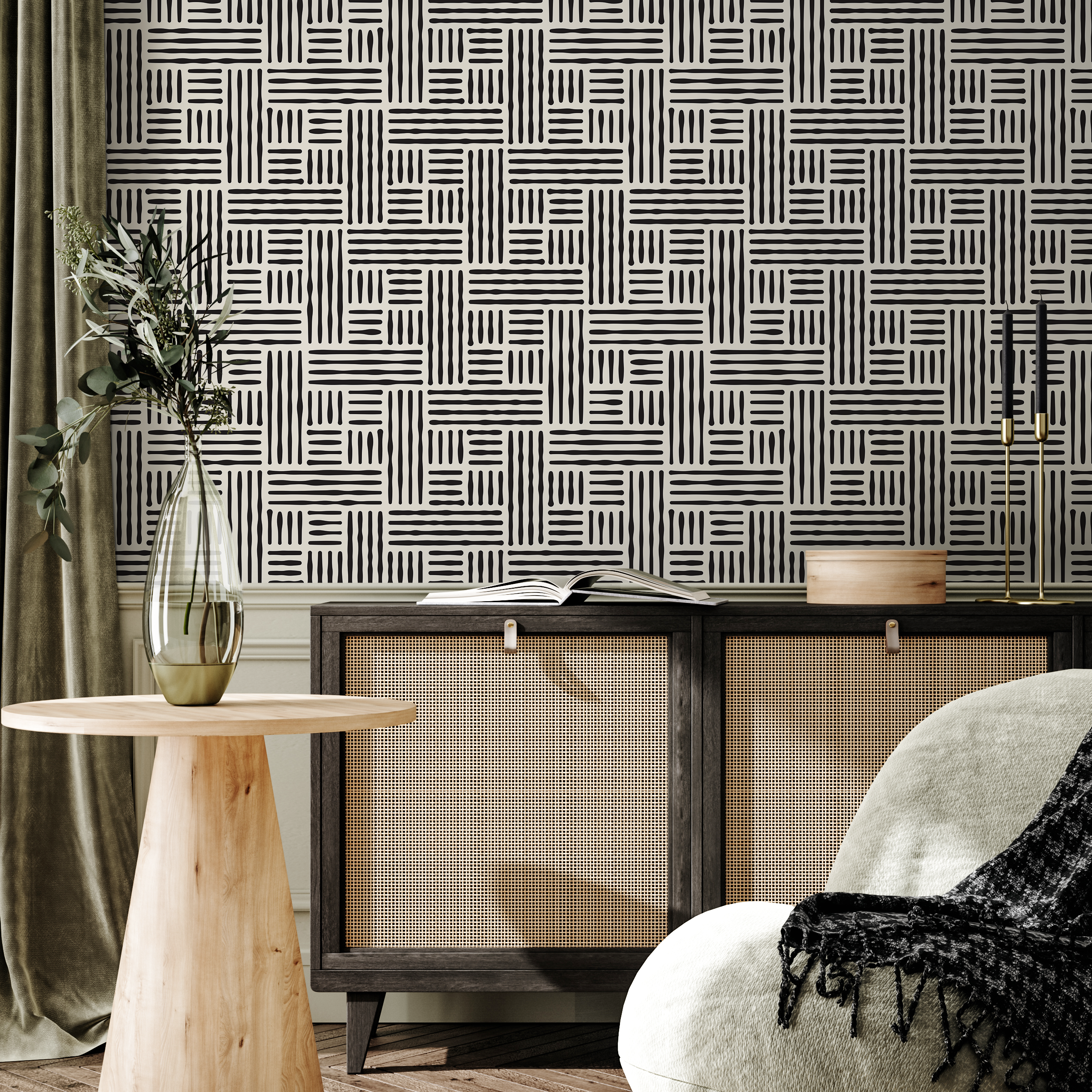 Geometric Wallpaper With A Woven Line Pattern In Black And White - B418