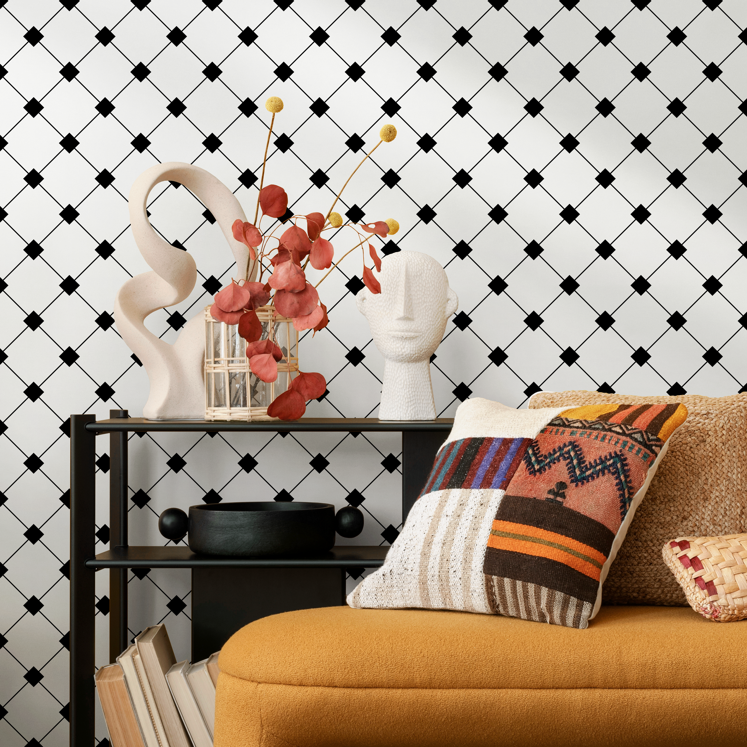 Geometric Wallpaper With A Scandinavian Diamond Grid In Black And White - B419