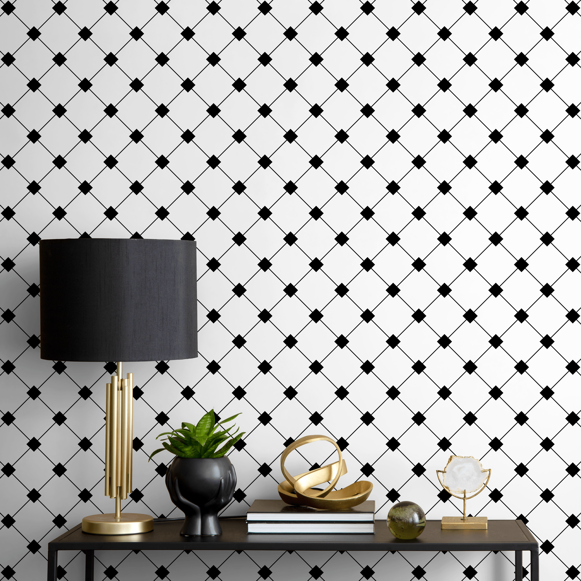 Geometric Wallpaper With A Scandinavian Diamond Grid In Black And White - B419