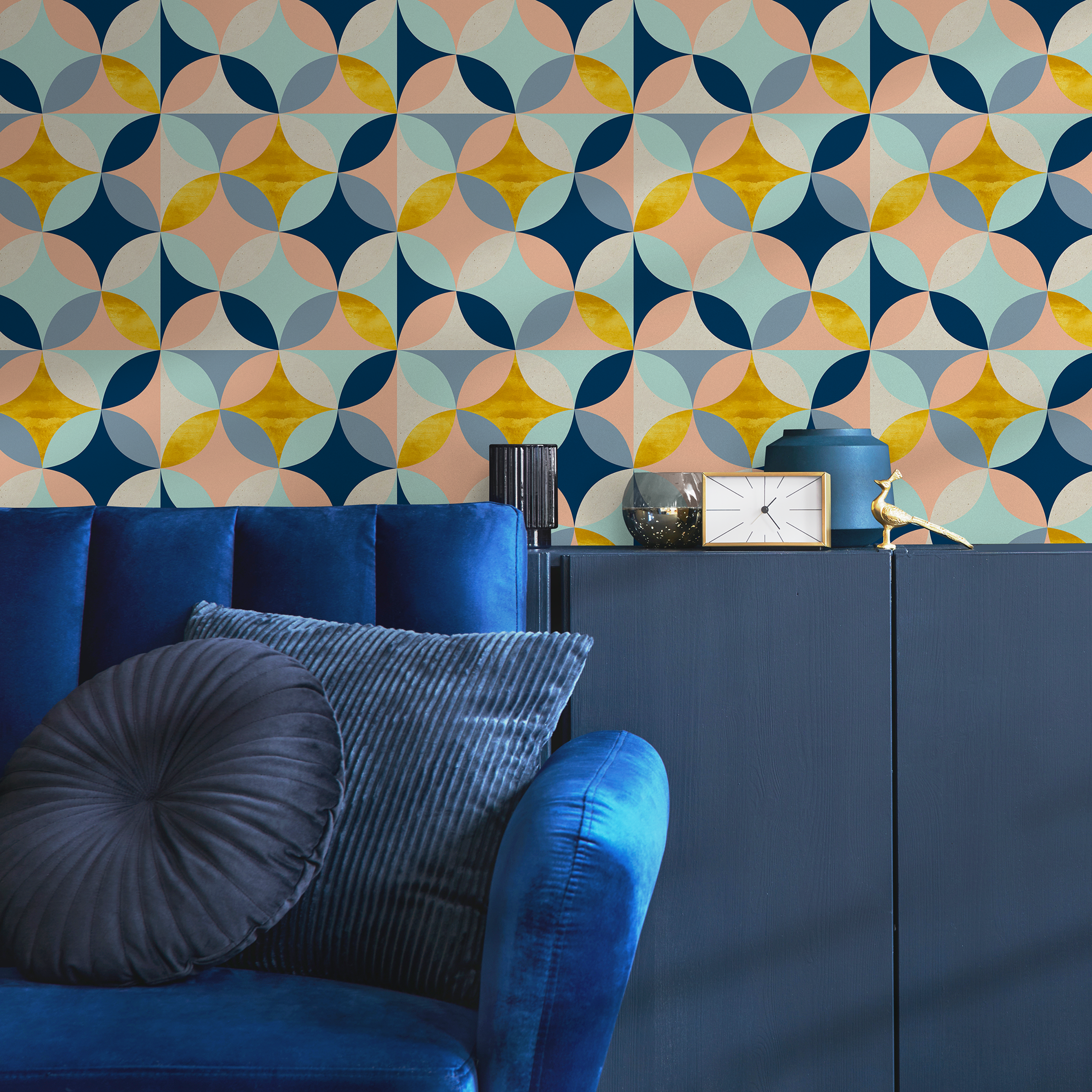 Geometric Wallpaper With A Tiled Star Motif In Blue, Gold, And Peach - B423