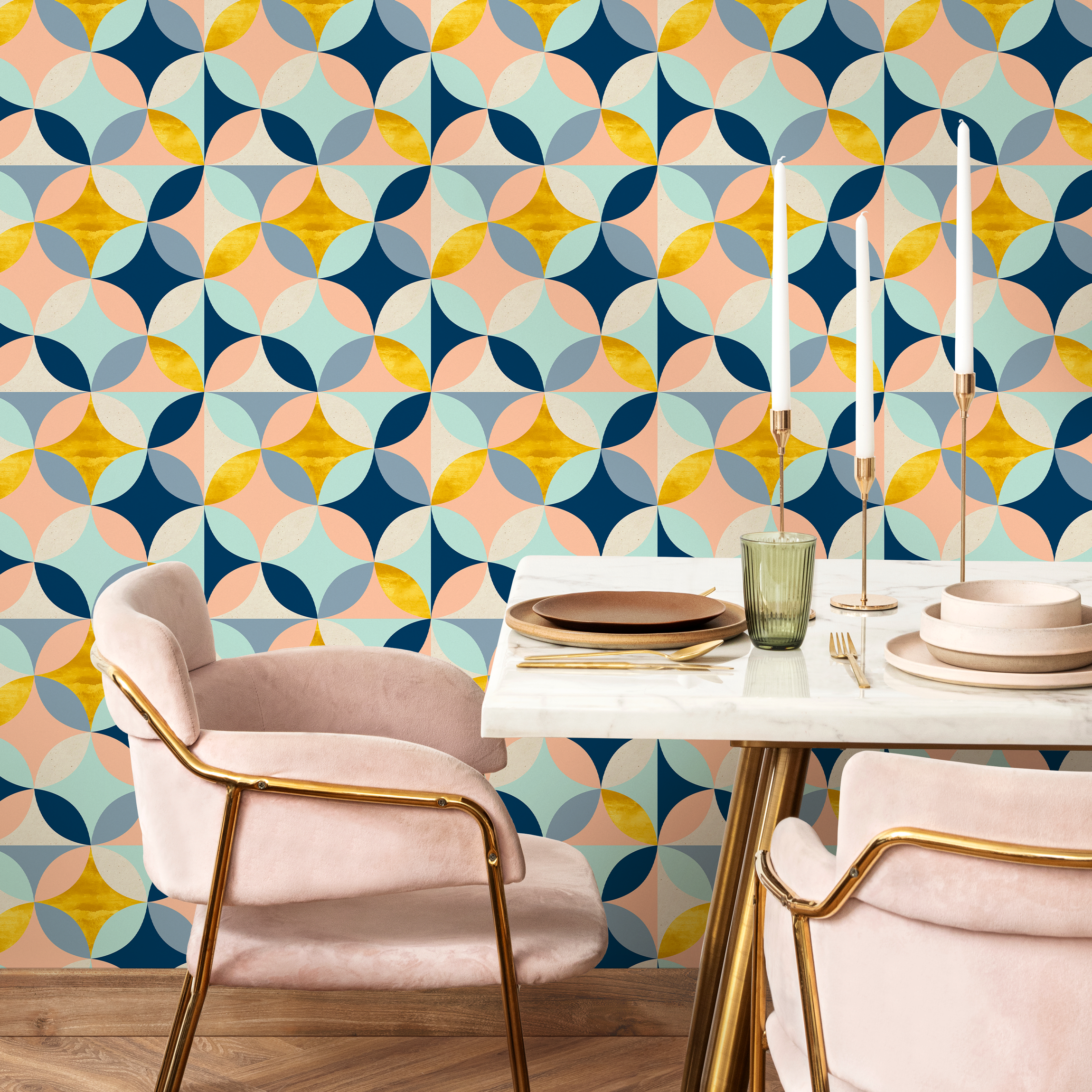 Geometric Wallpaper With A Tiled Star Motif In Blue, Gold, And Peach - B423