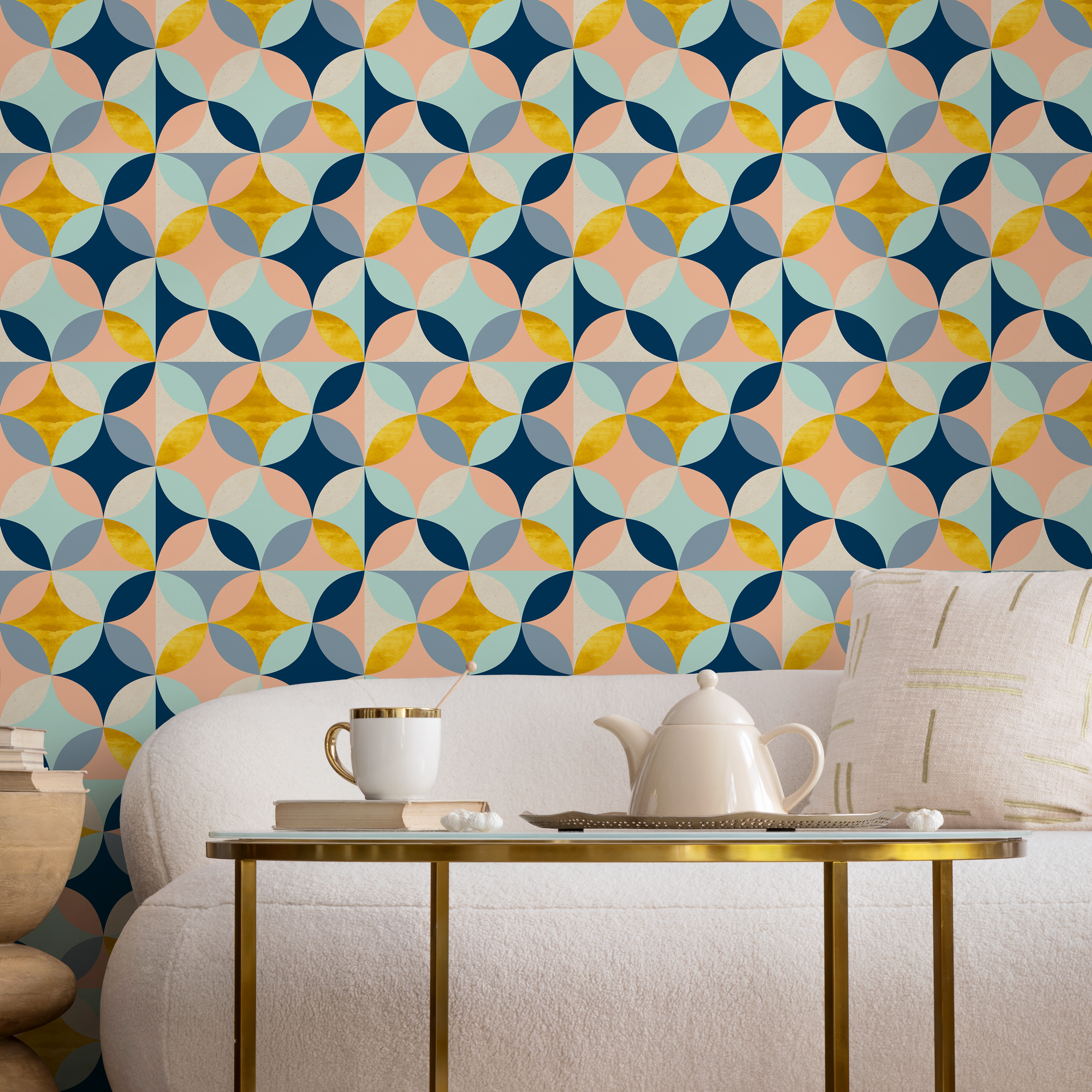 Geometric Wallpaper With A Tiled Star Motif In Blue, Gold, And Peach - B423