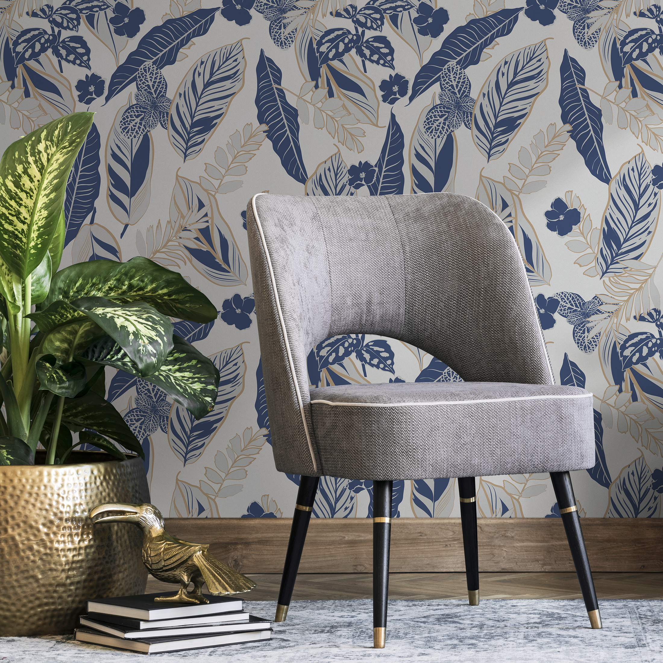 Botanical Wallpaper With Tropical Foliage And Flowers In Blue, Beige, And Gray - B424