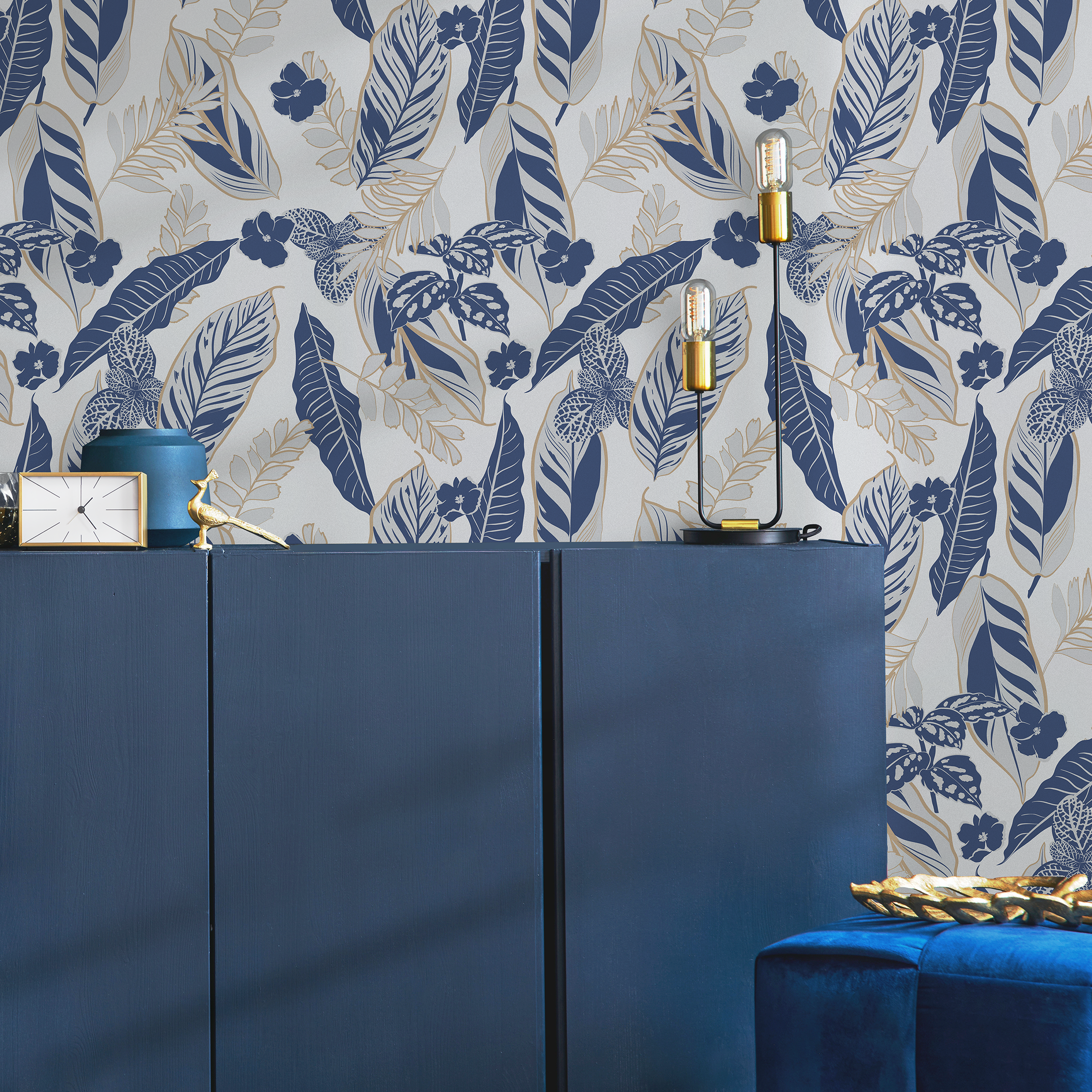 Botanical Wallpaper With Tropical Foliage And Flowers In Blue, Beige, And Gray - B424
