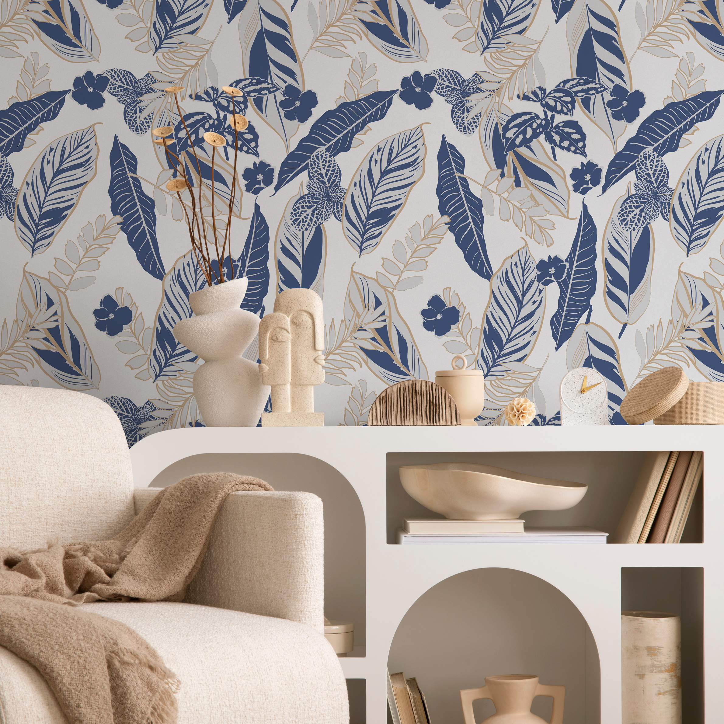 Botanical Wallpaper With Tropical Foliage And Flowers In Blue, Beige, And Gray - B424