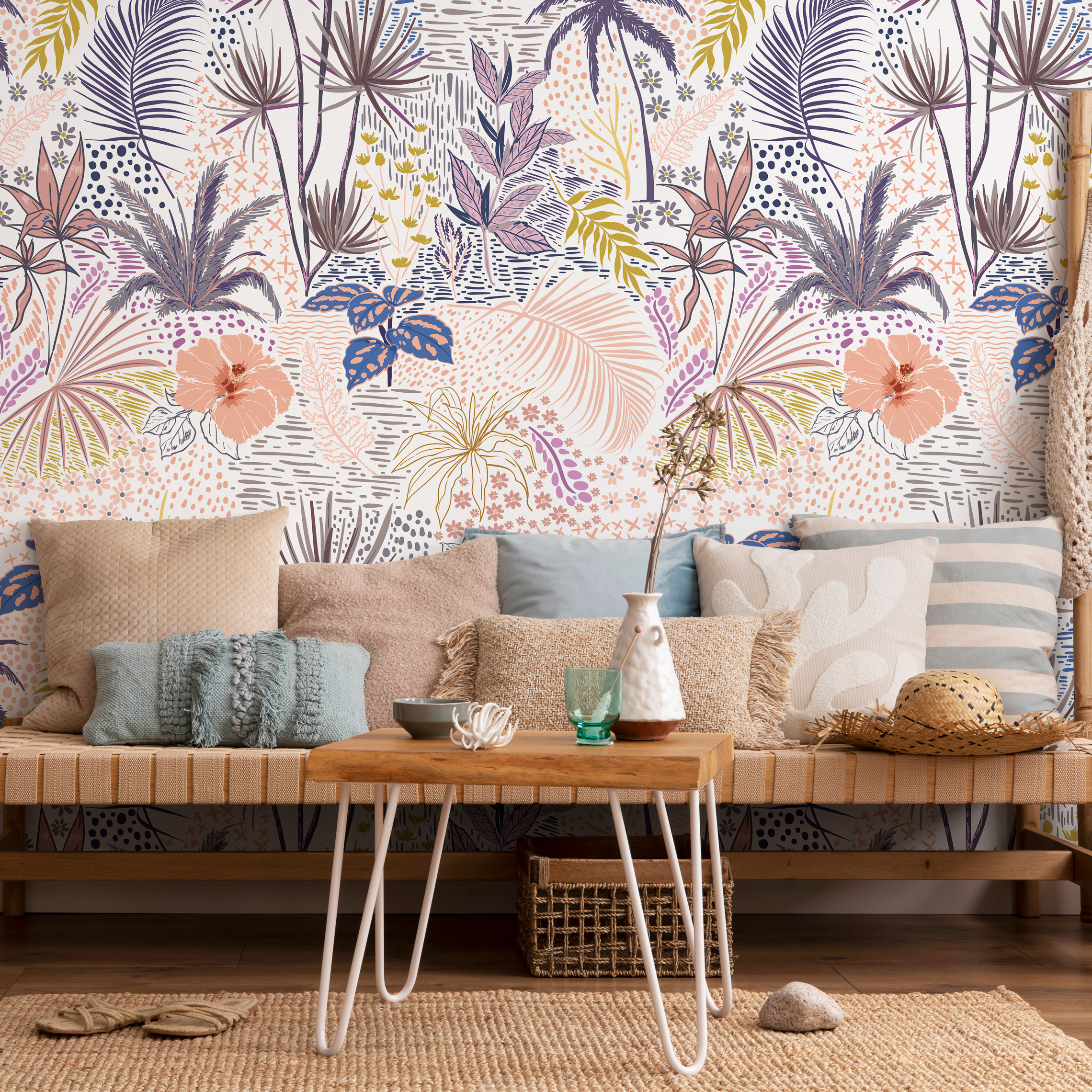 Tropical Wallpaper With Palm Leaves And Hibiscus In Pink, Purple, And Blue - B431