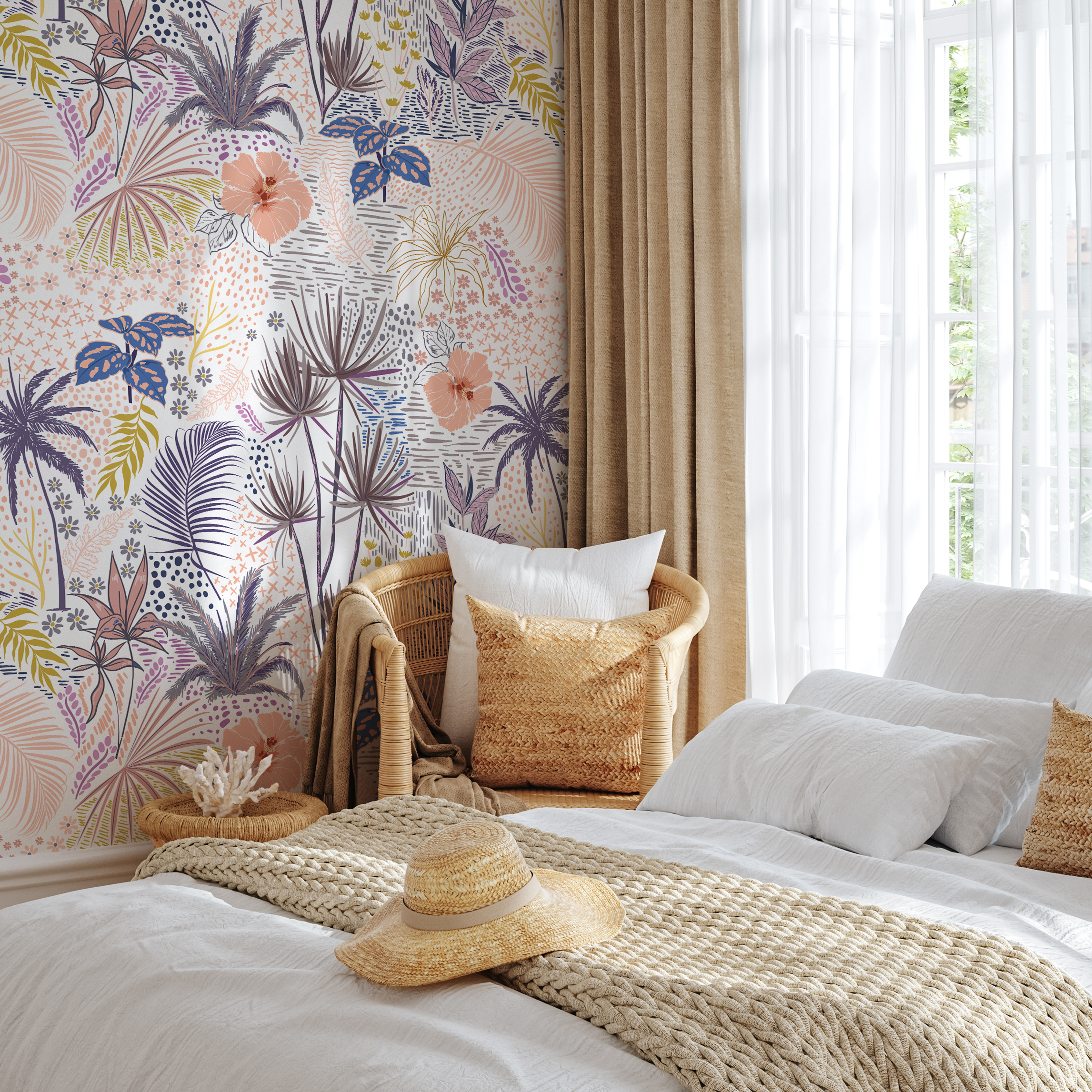 Tropical Wallpaper With Palm Leaves And Hibiscus In Pink, Purple, And Blue - B431
