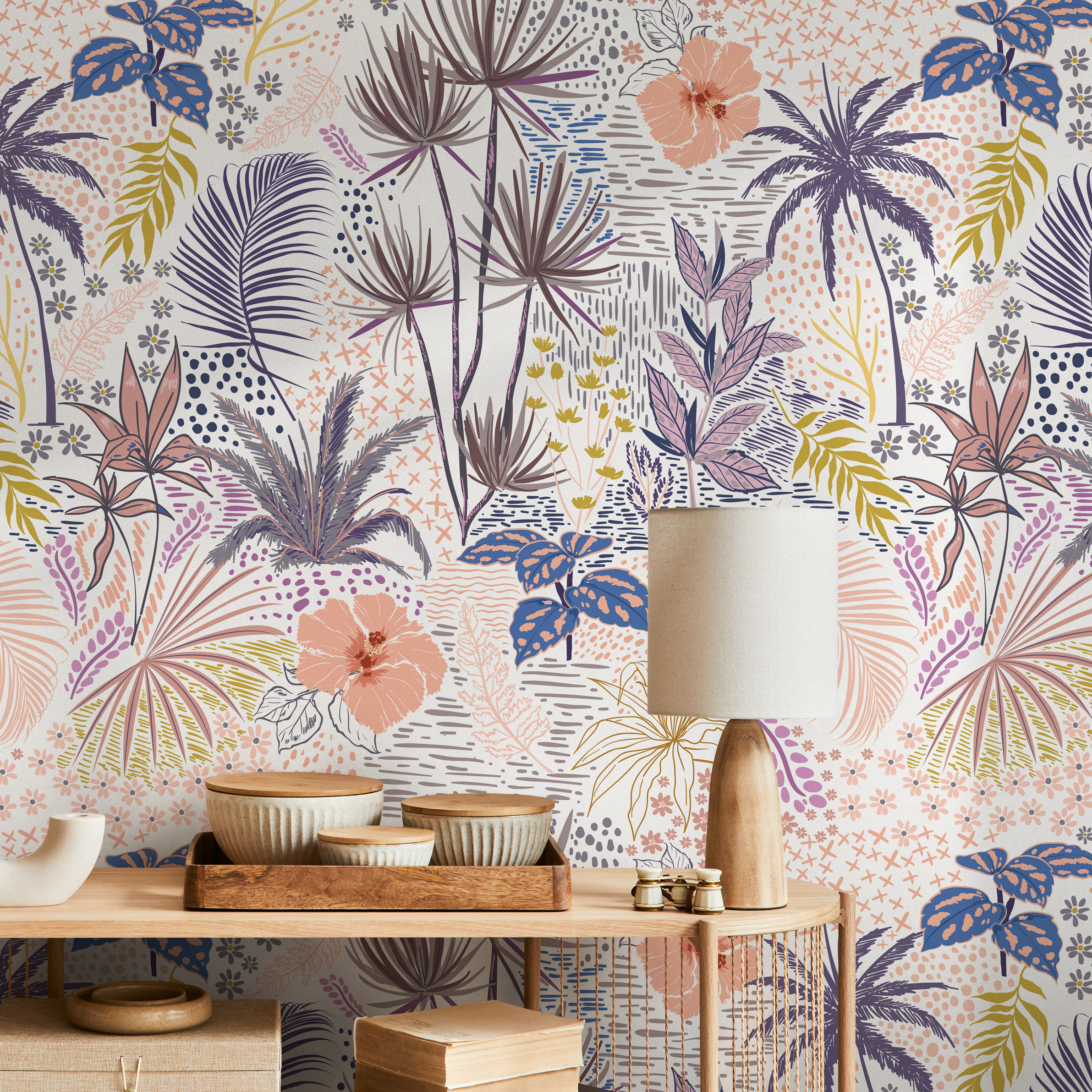 Tropical Wallpaper With Palm Leaves And Hibiscus In Pink, Purple, And Blue - B431
