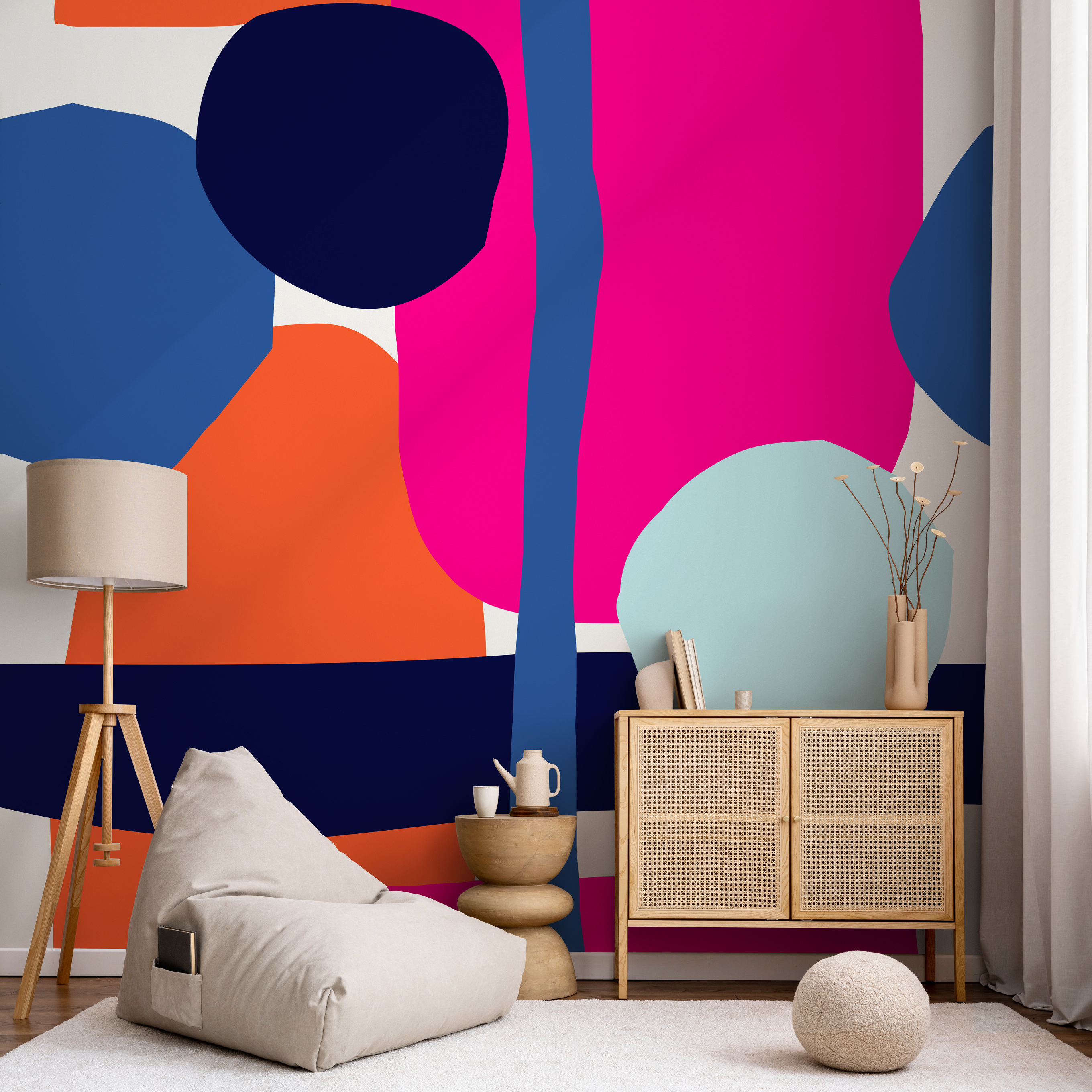 Abstract Wallpaper With Bold Overlapping Shapes In Pink, Blue, And Orange - B433