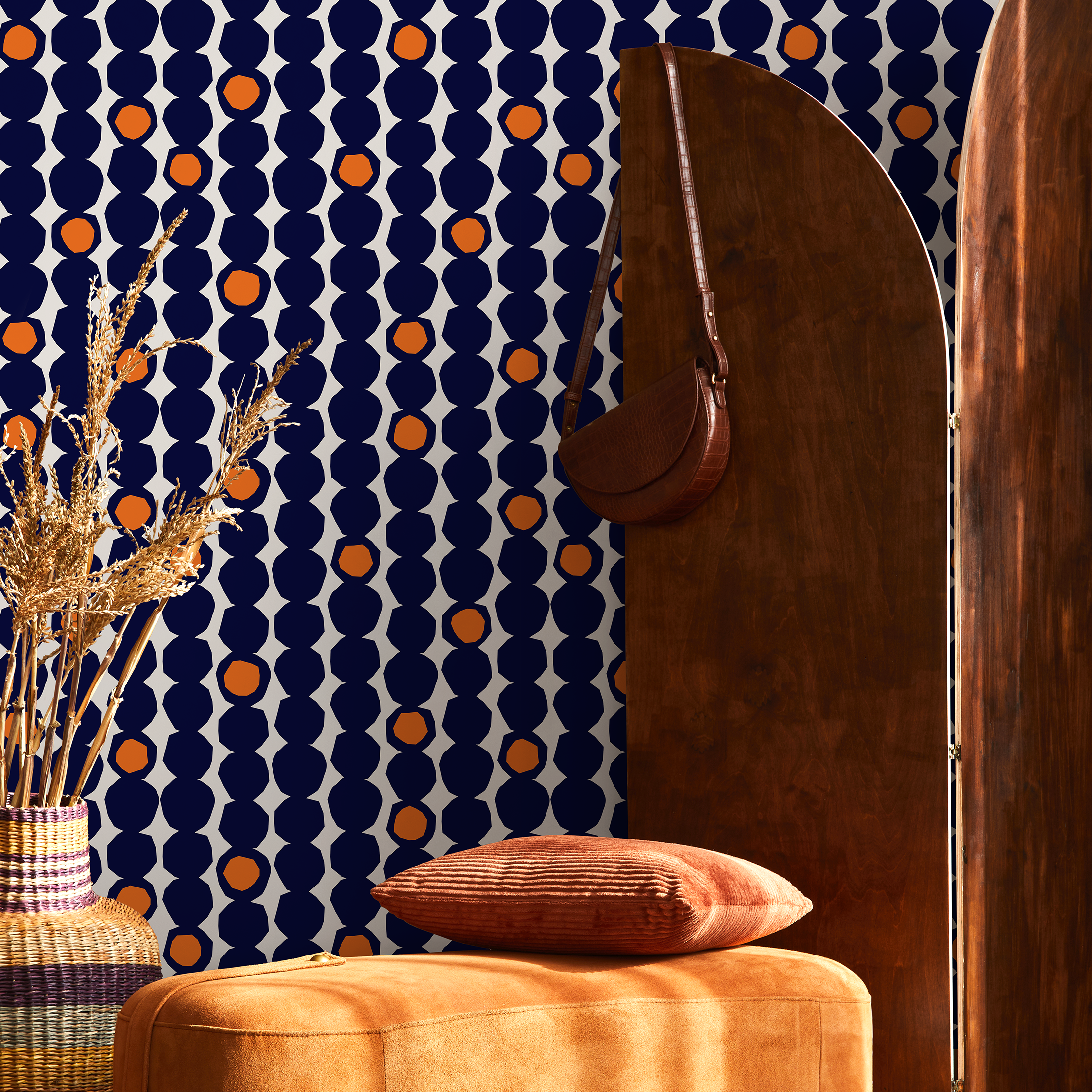Geometric Wallpaper With Faceted Circles In Navy Blue And Orange - B434