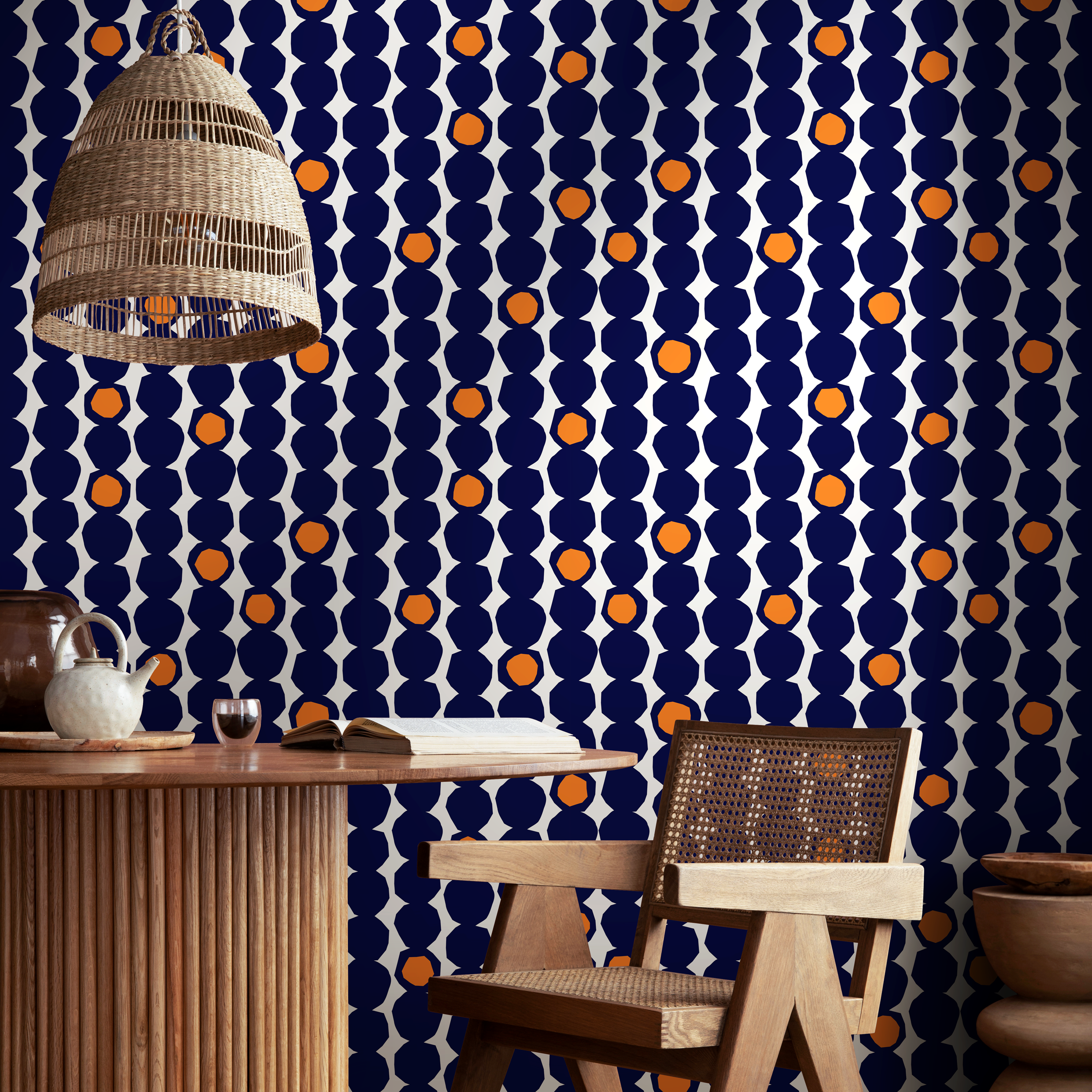 Geometric Wallpaper With Faceted Circles In Navy Blue And Orange - B434