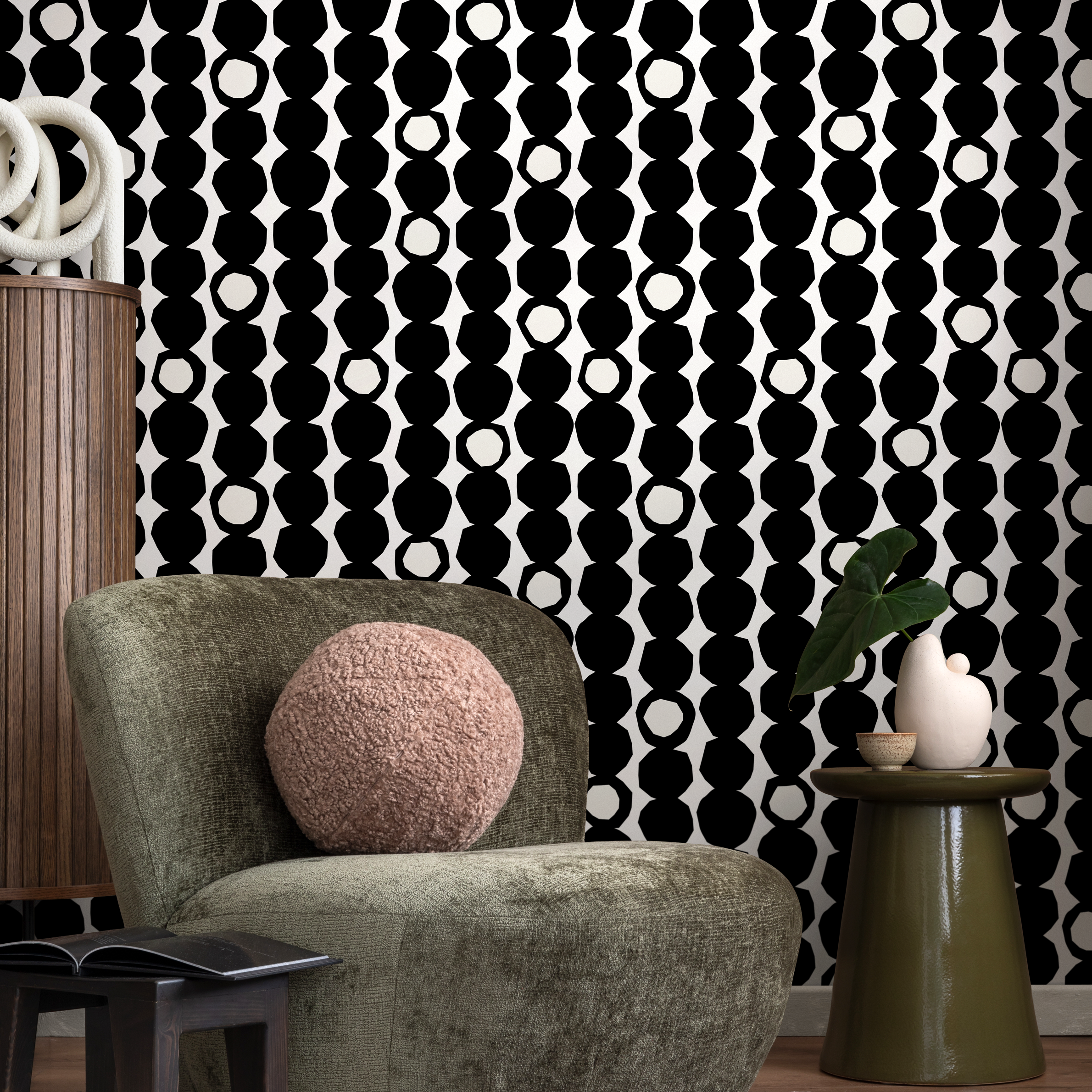 Geometric Wallpaper With Irregular Stacked Dots In Black And White - B435