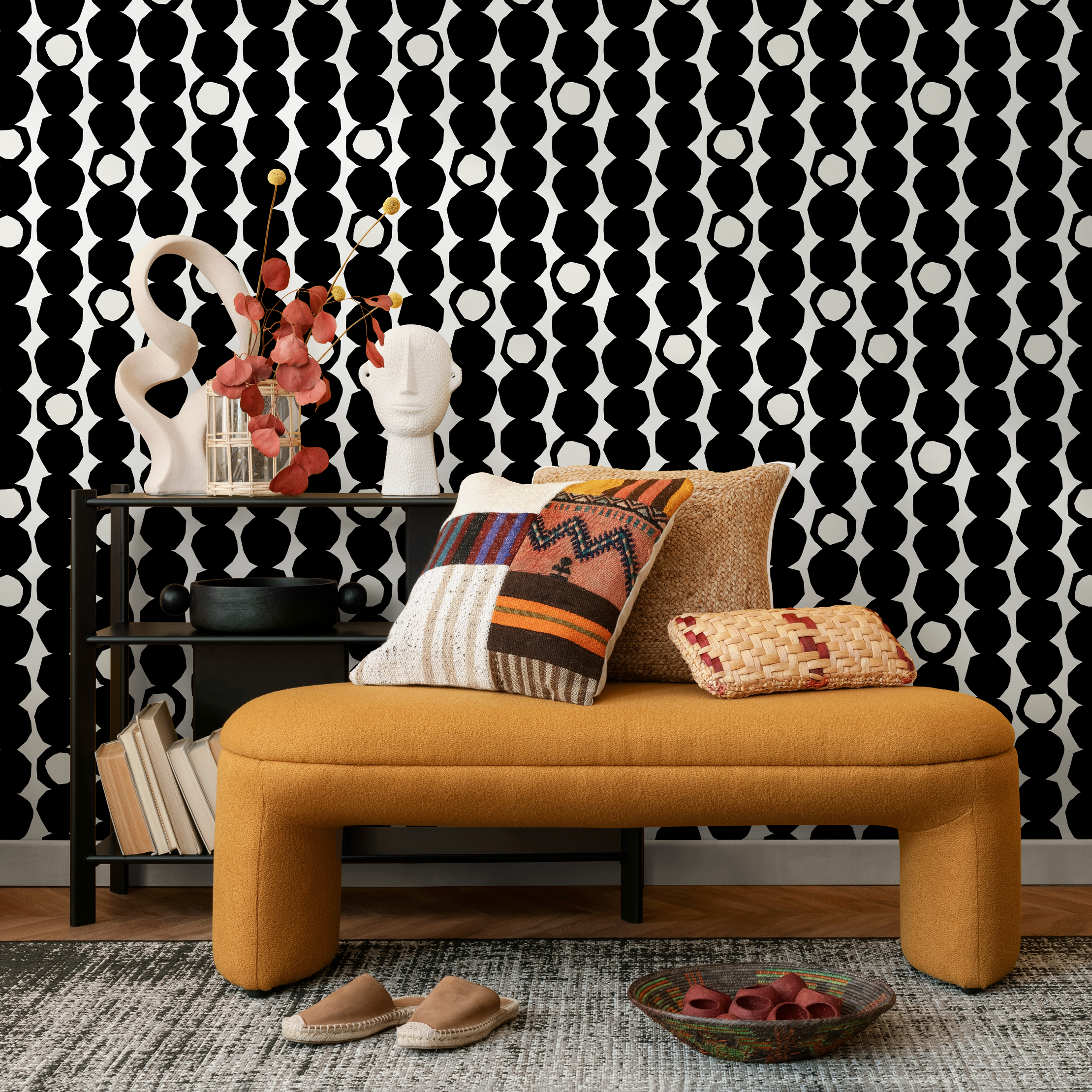 Geometric Wallpaper With Irregular Stacked Dots In Black And White - B435