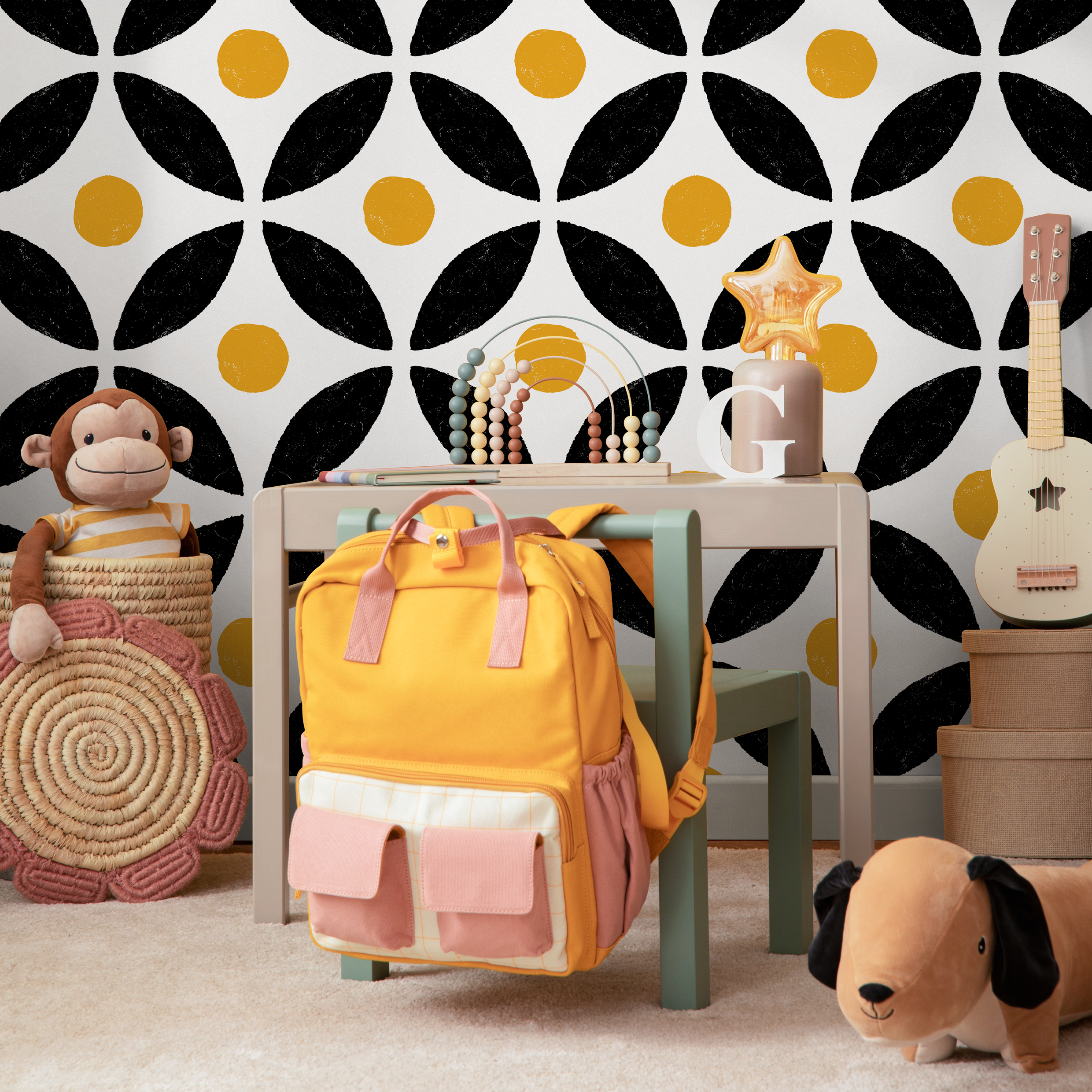 Geometric Wallpaper With A Stamped Petal Grid In Black And Yellow - B437