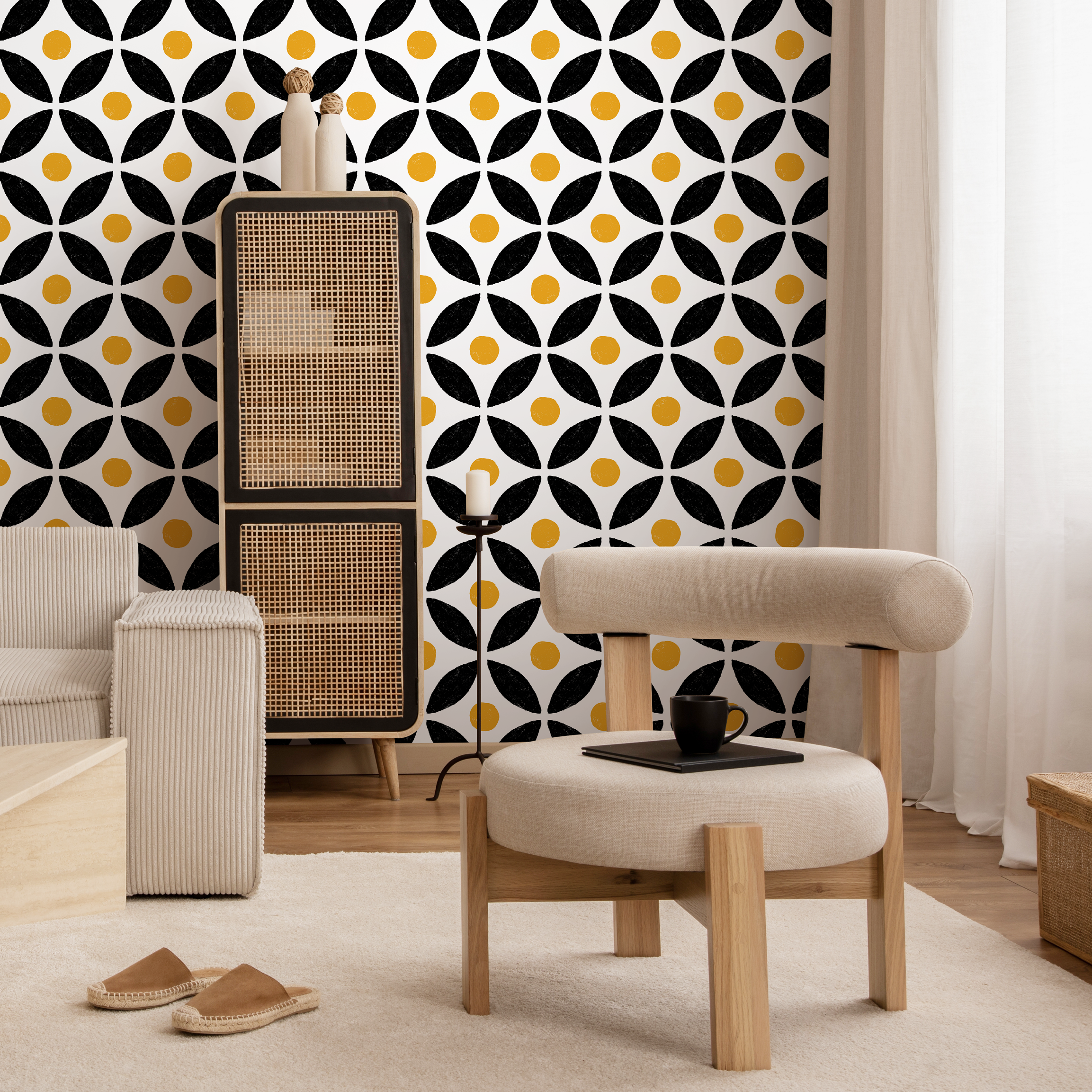 Geometric Wallpaper With A Stamped Petal Grid In Black And Yellow - B437