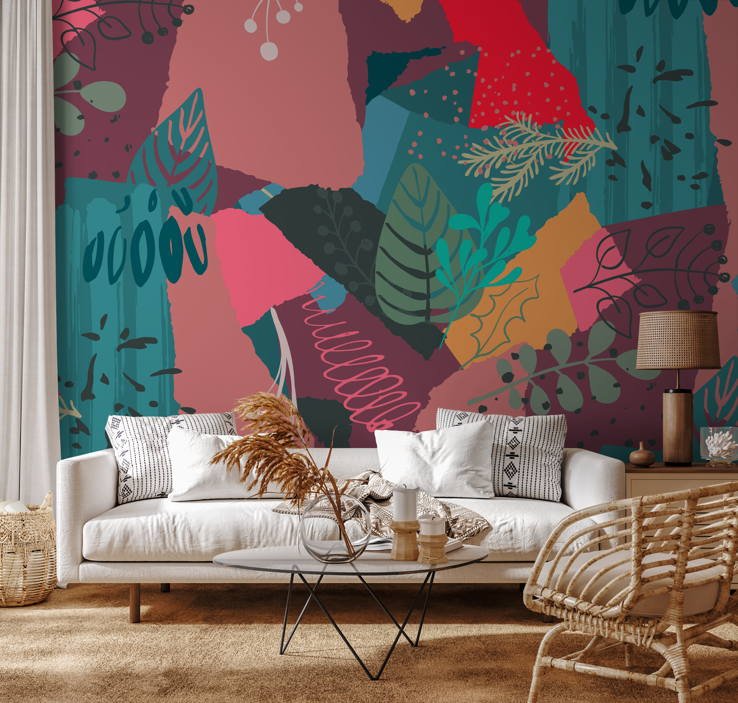 Abstract Wallpaper With A Botanical Collage In Teal, Red, And Pink - B438