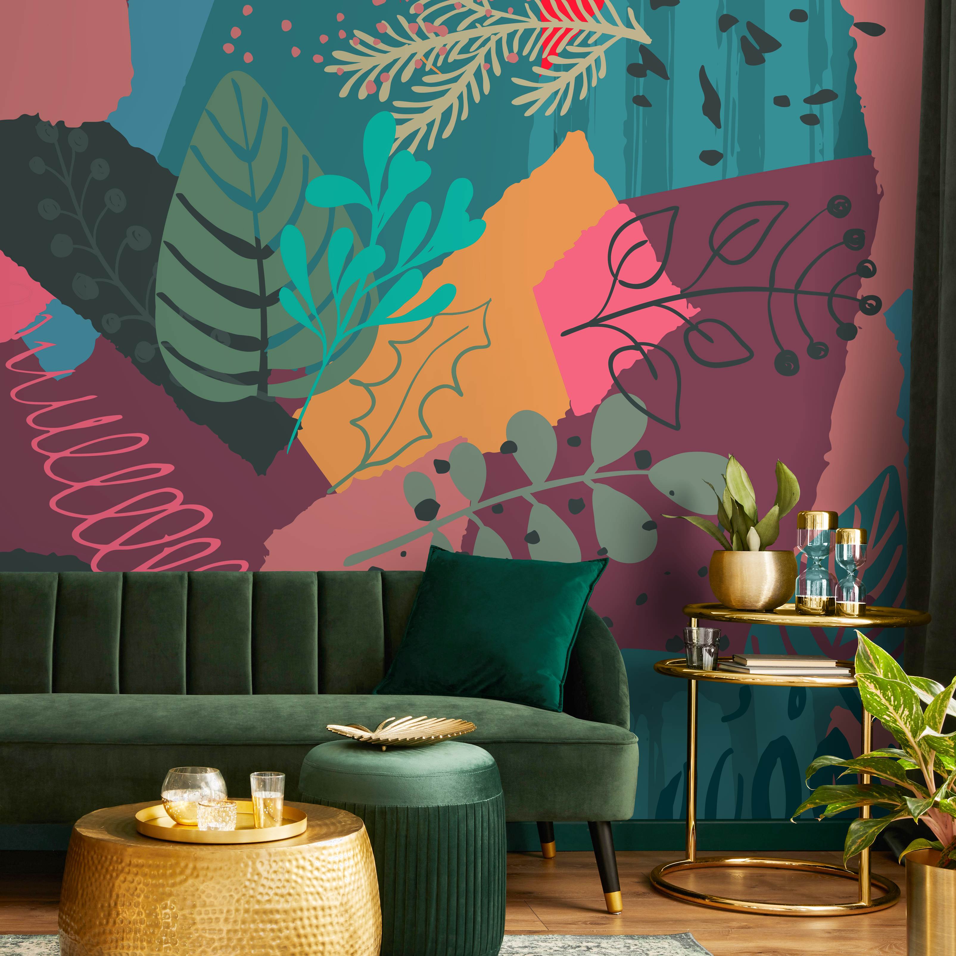 Abstract Wallpaper With A Botanical Collage In Teal, Red, And Pink - B438