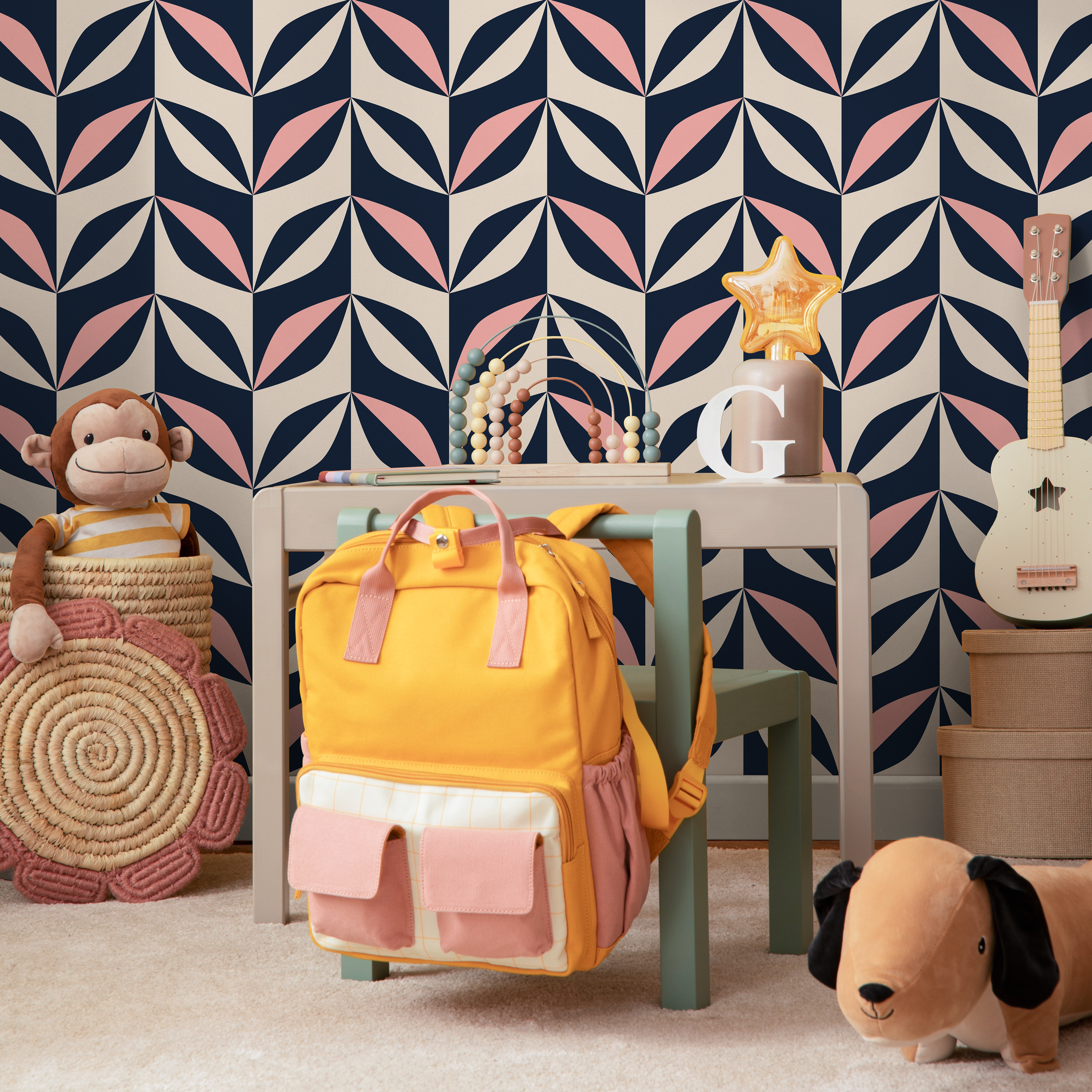 Geometric Wallpaper With A Retro Petal Motif In Navy Blue, Pink, And Beige - B439