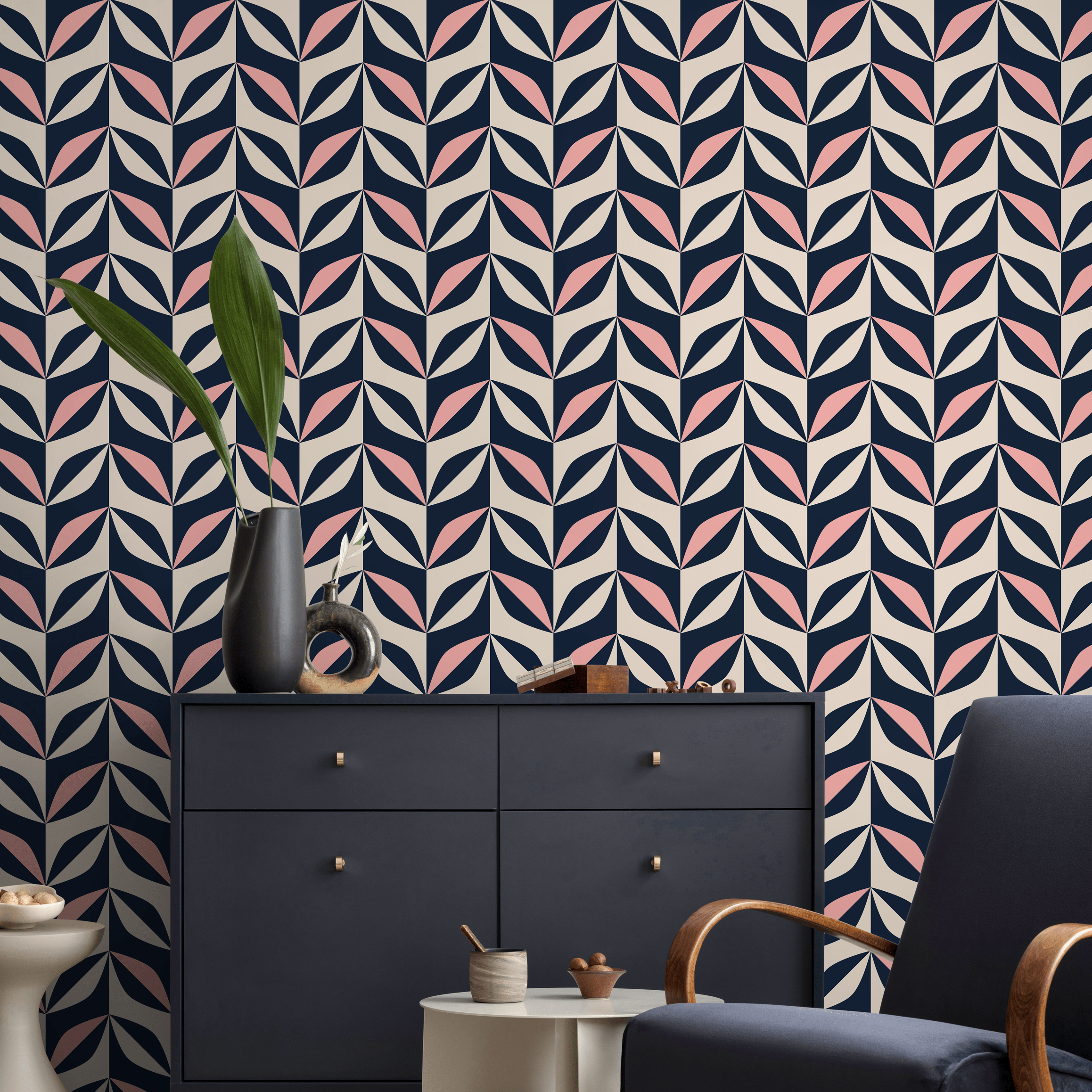 Geometric Wallpaper With A Retro Petal Motif In Navy Blue, Pink, And Beige - B439