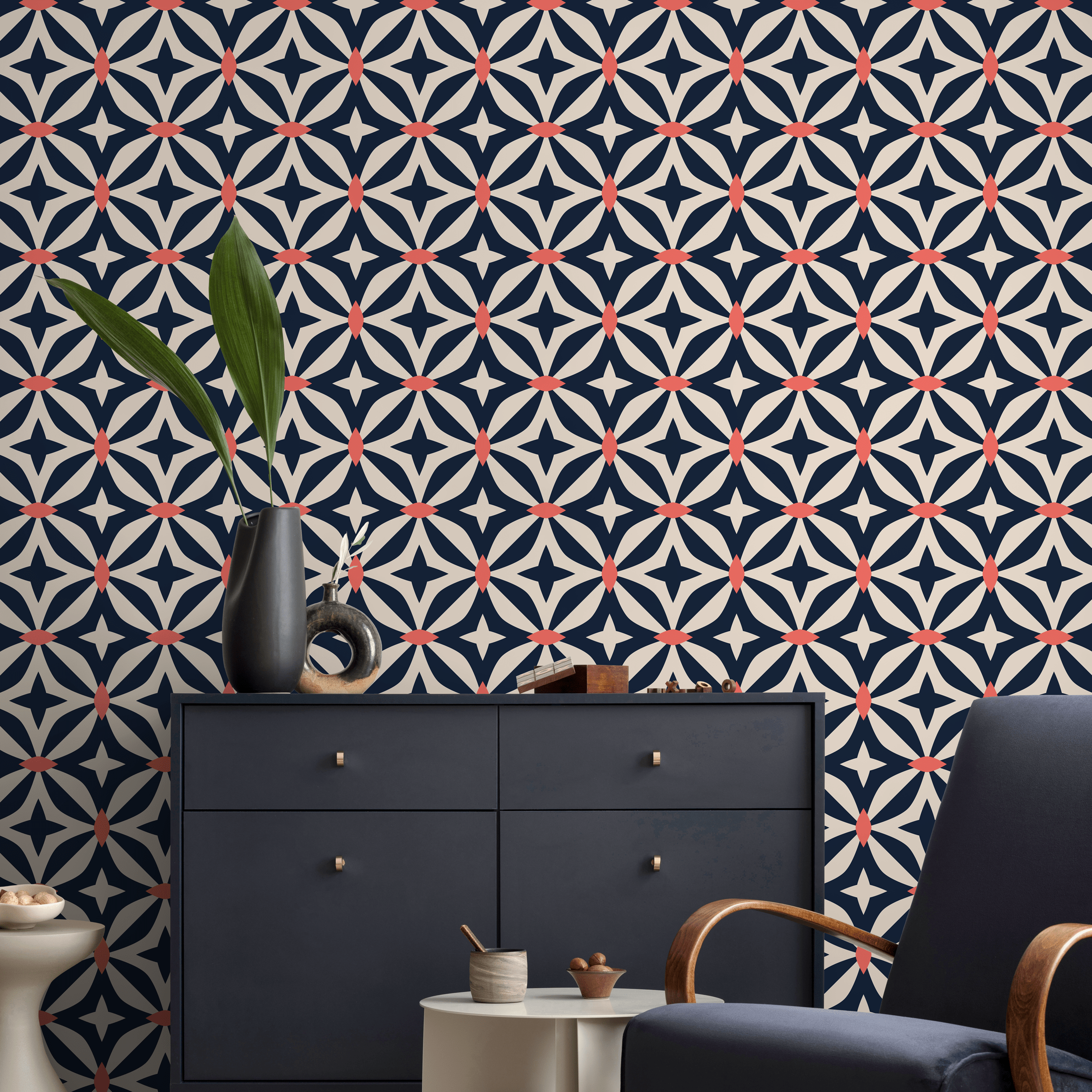 Geometric Wallpaper With A Retro Star Motif In Navy Blue And Coral - B440