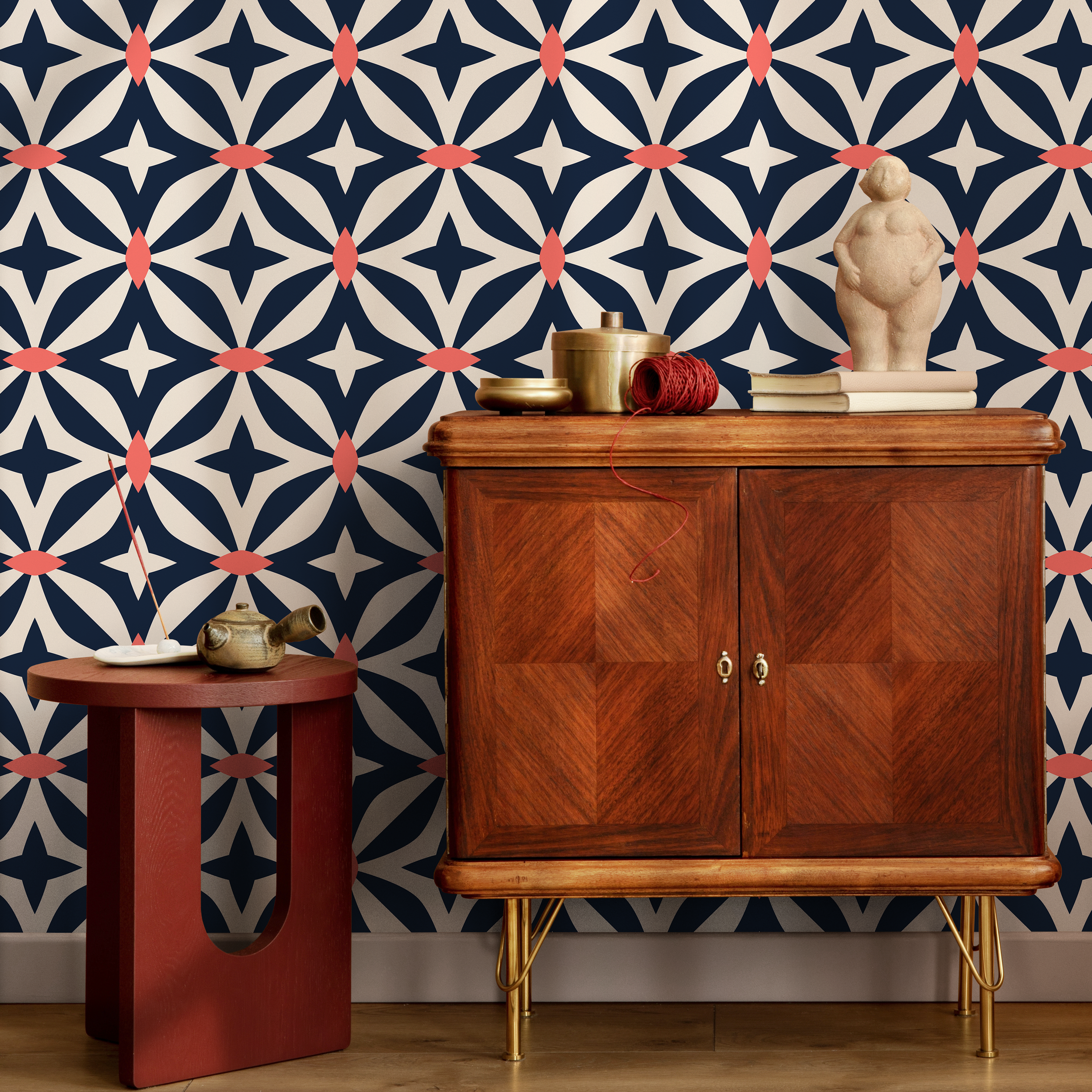 Geometric Wallpaper With A Retro Star Motif In Navy Blue And Coral - B440
