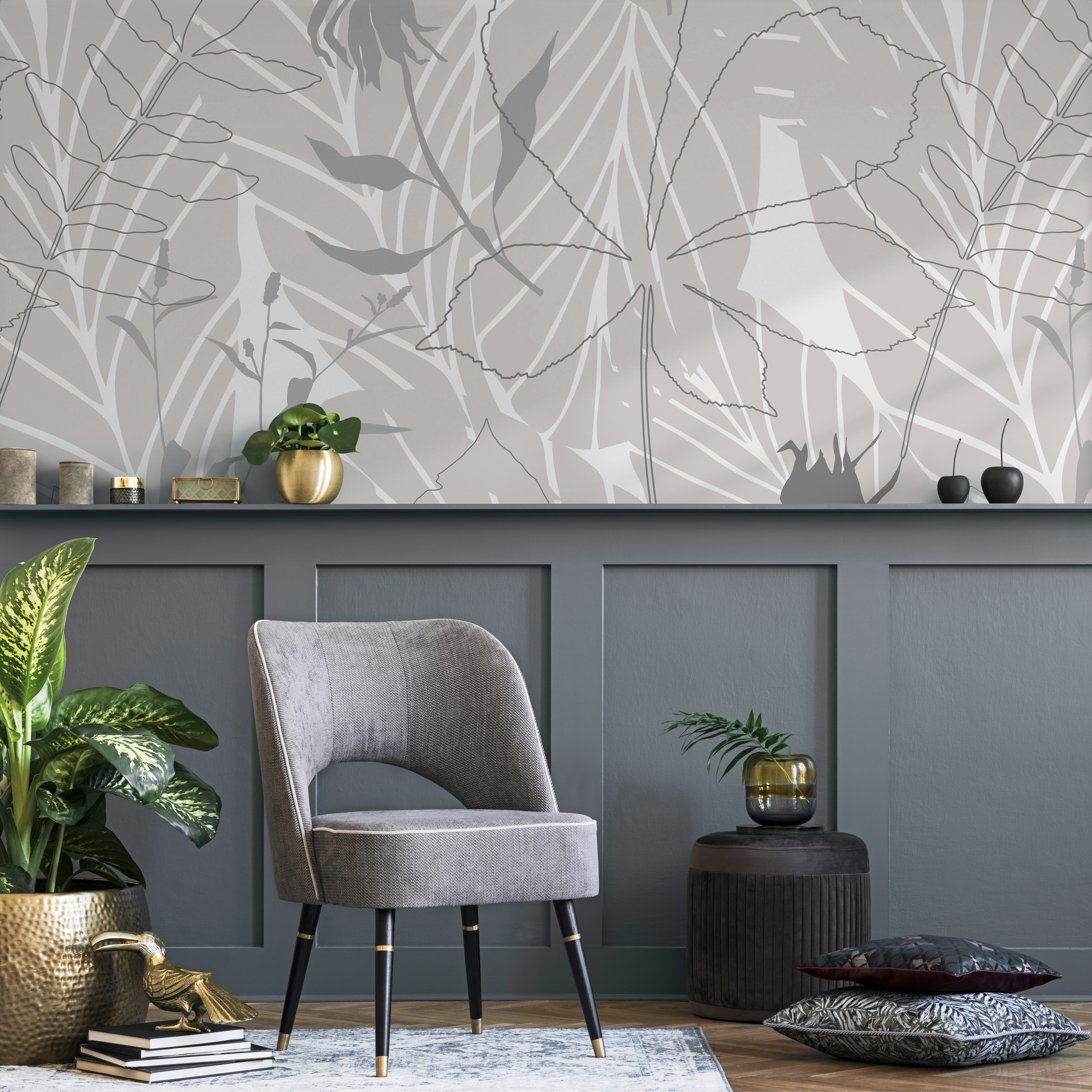 Botanical Wallpaper With An Abstract Foliage Motif In Taupe And Gray - B441