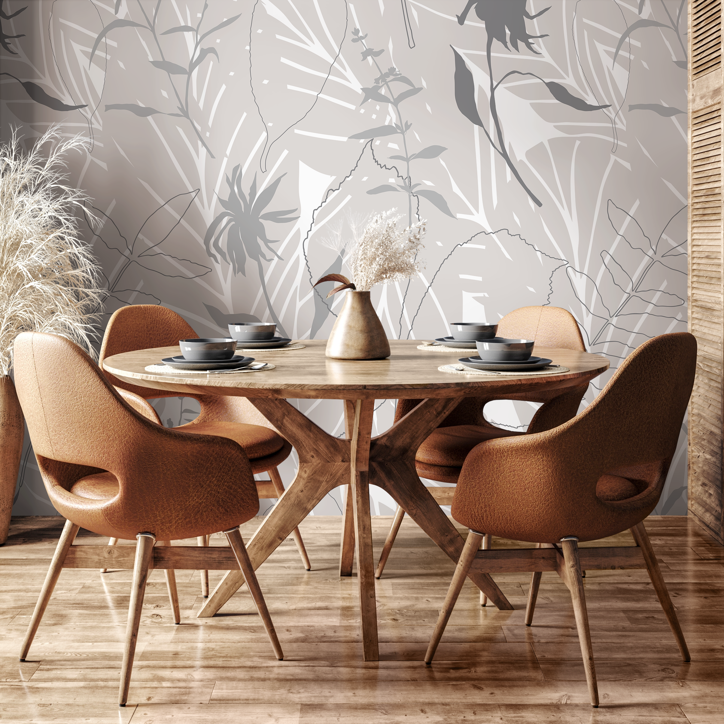 Botanical Wallpaper With An Abstract Foliage Motif In Taupe And Gray - B441