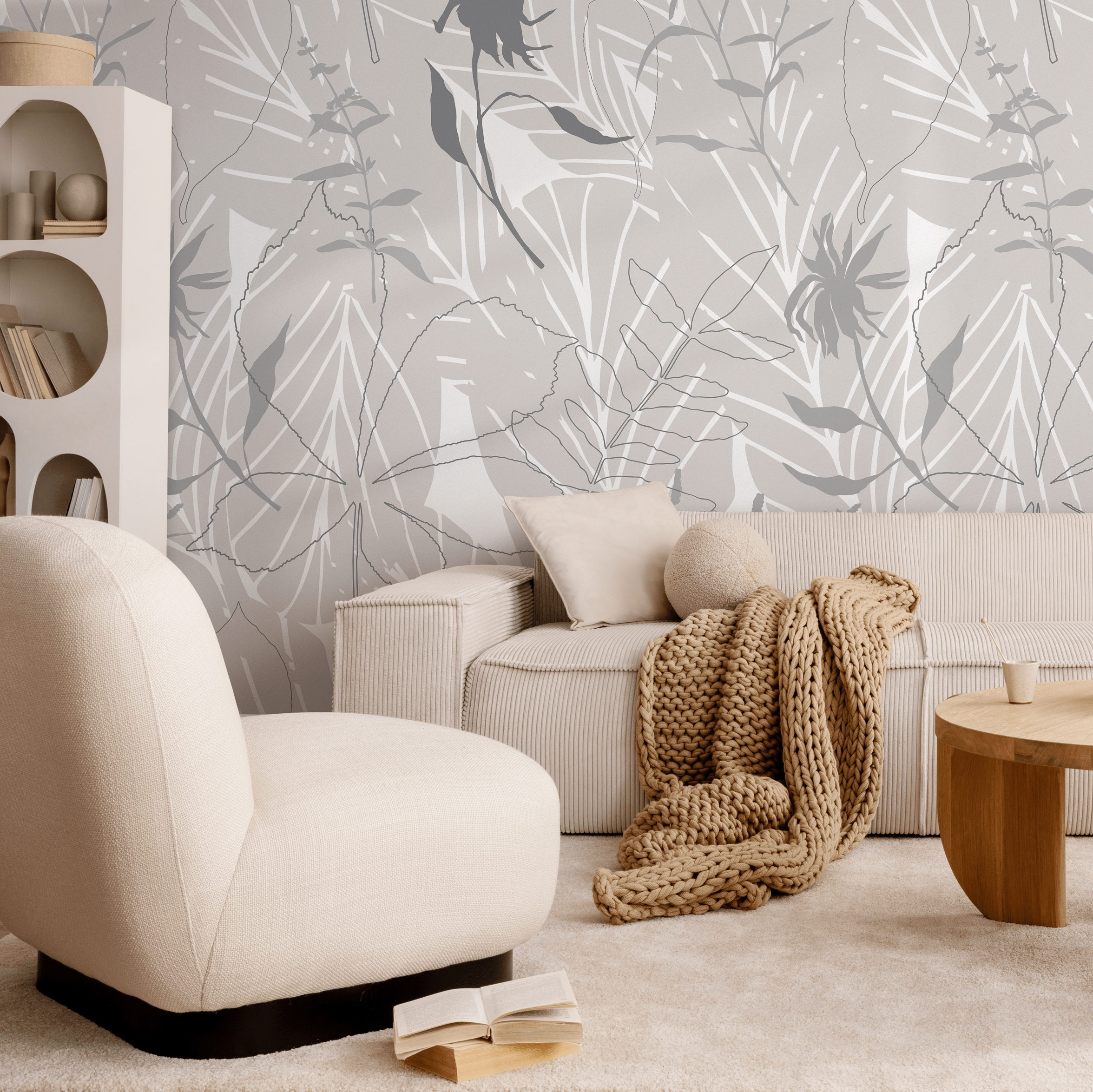 Botanical Wallpaper With An Abstract Foliage Motif In Taupe And Gray - B441