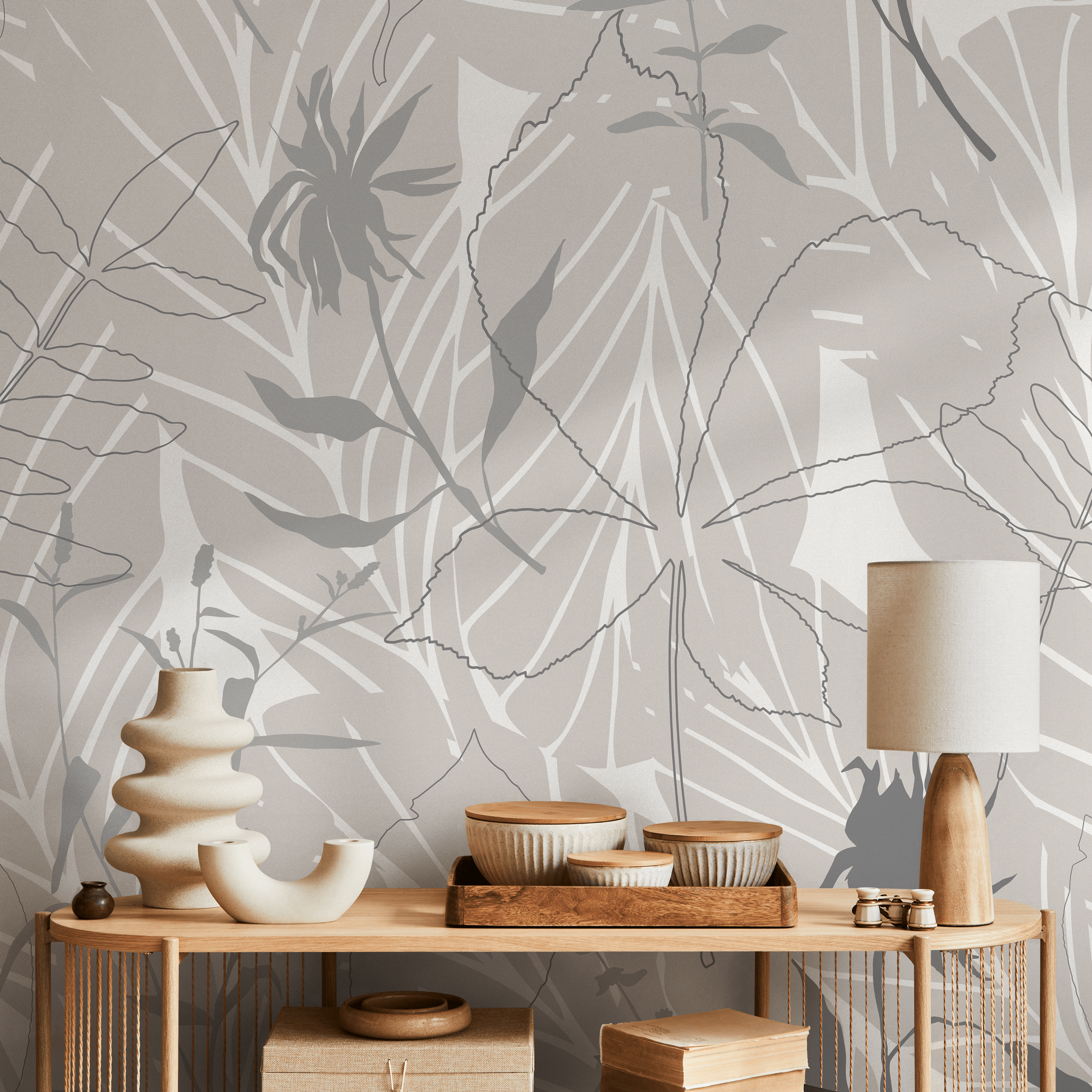 Botanical Wallpaper With An Abstract Foliage Motif In Taupe And Gray - B441