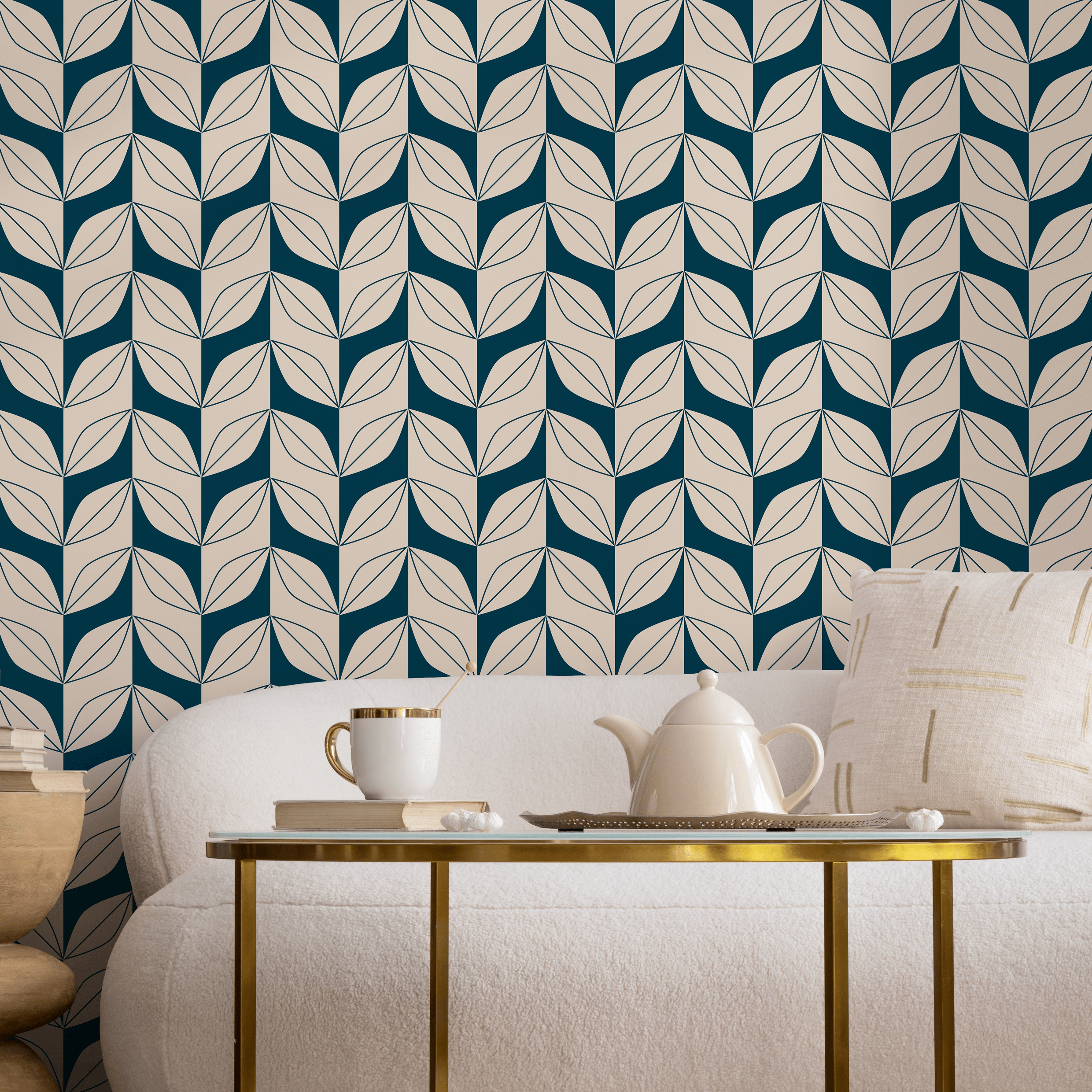 Geometric Wallpaper With A Stylized Leaf Motif In Teal And Beige - B442