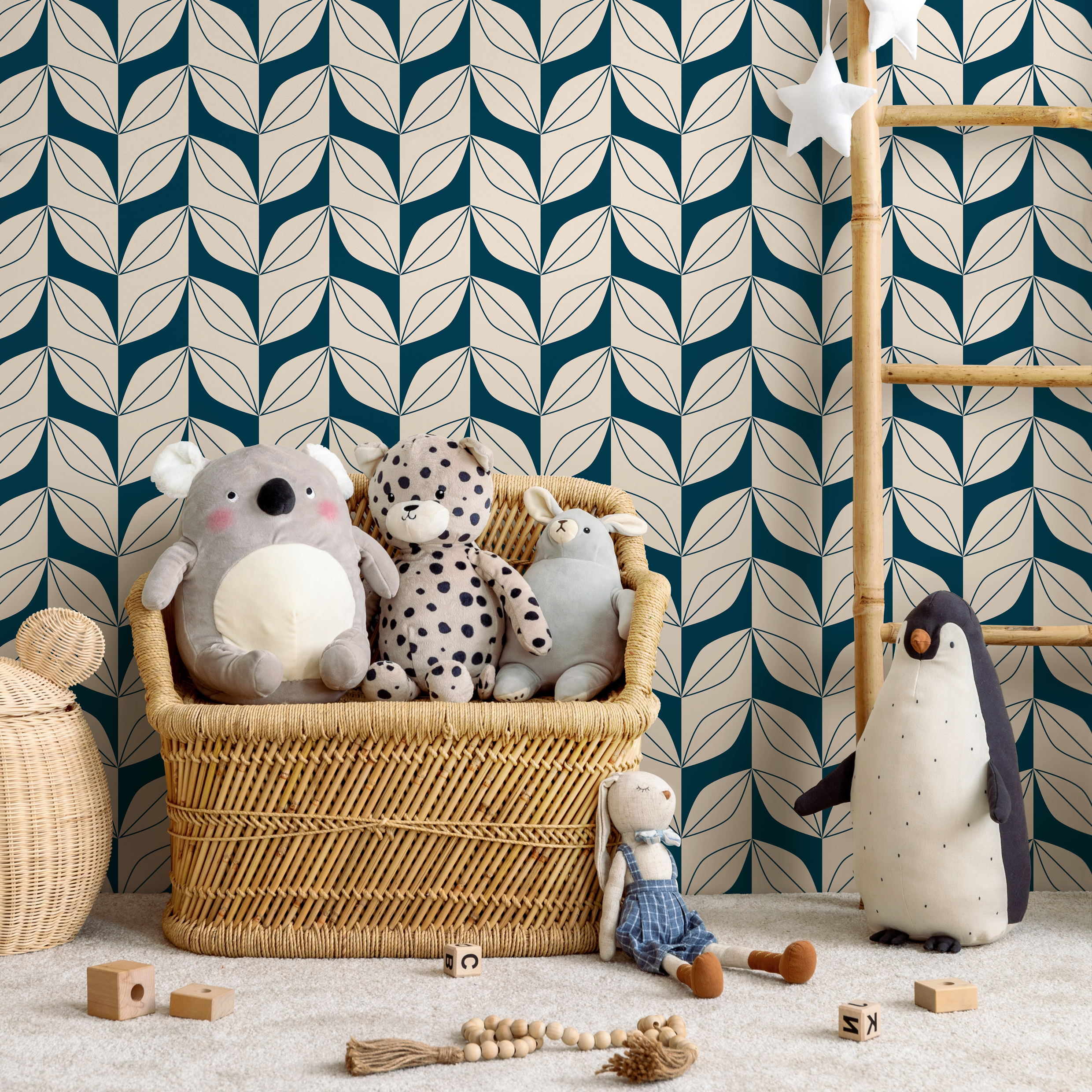 Geometric Wallpaper With A Stylized Leaf Motif In Teal And Beige - B442