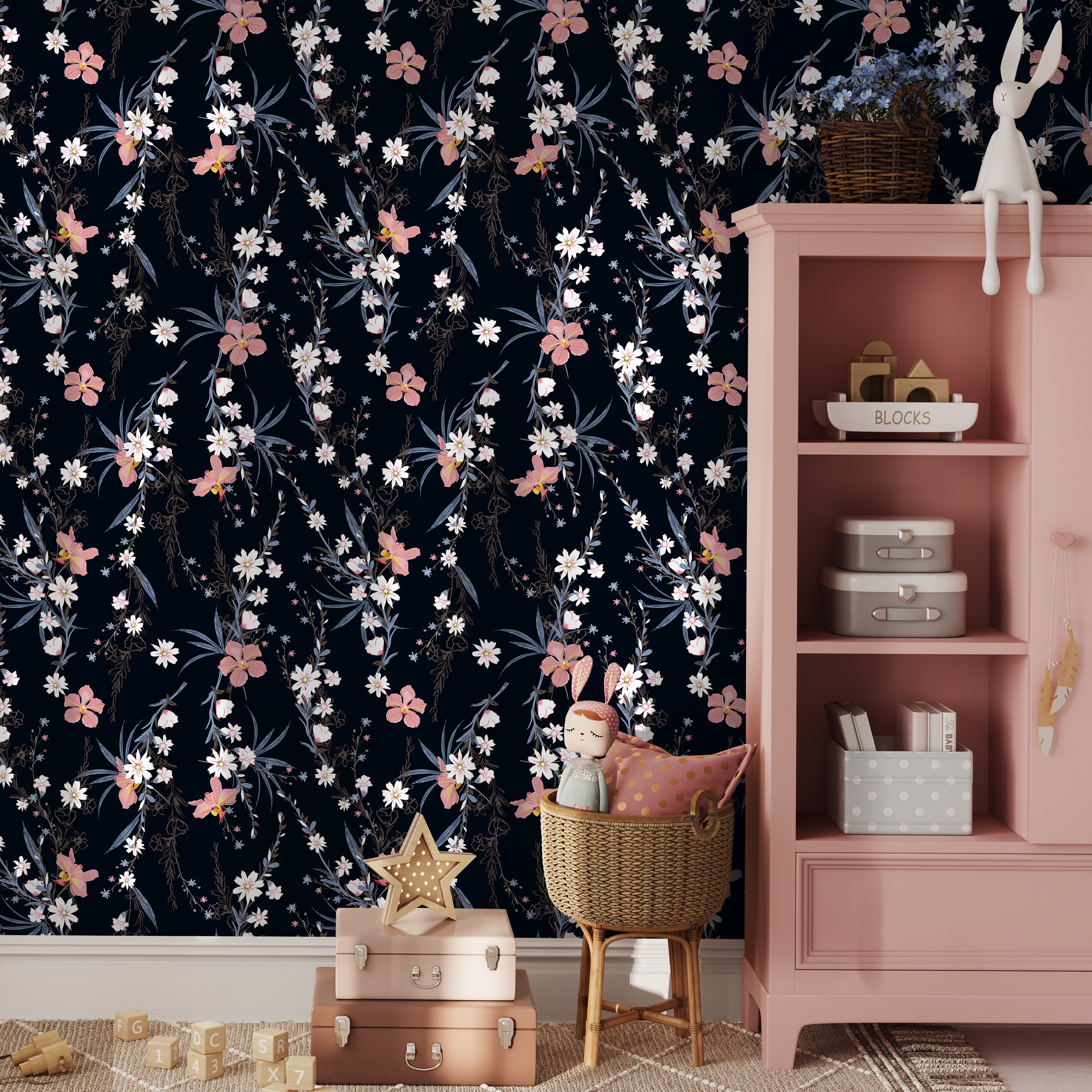 Floral Wallpaper With Delicate Wildflowers In Pink, White, And Blue - B443