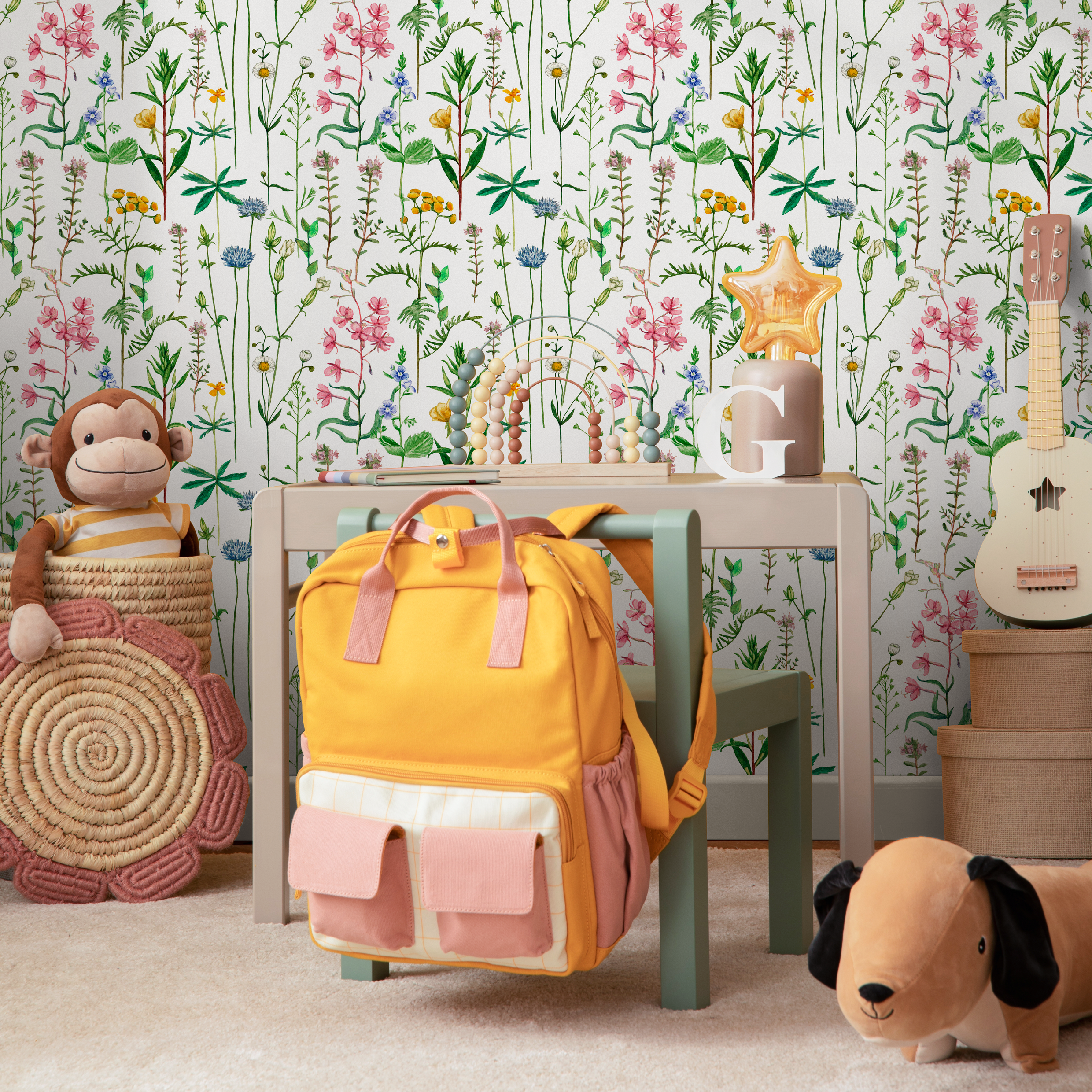 Botanical Wallpaper Featuring A Delicate Wildflower Meadow In Pink, Blue, And Yellow - B444