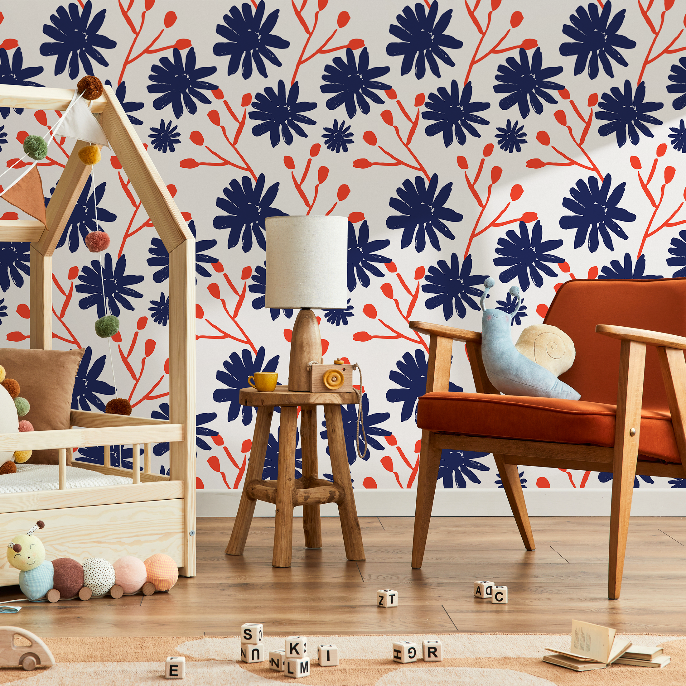 Abstract Floral Wallpaper With Stylized Blooms In Navy Blue And Red-orange - B445