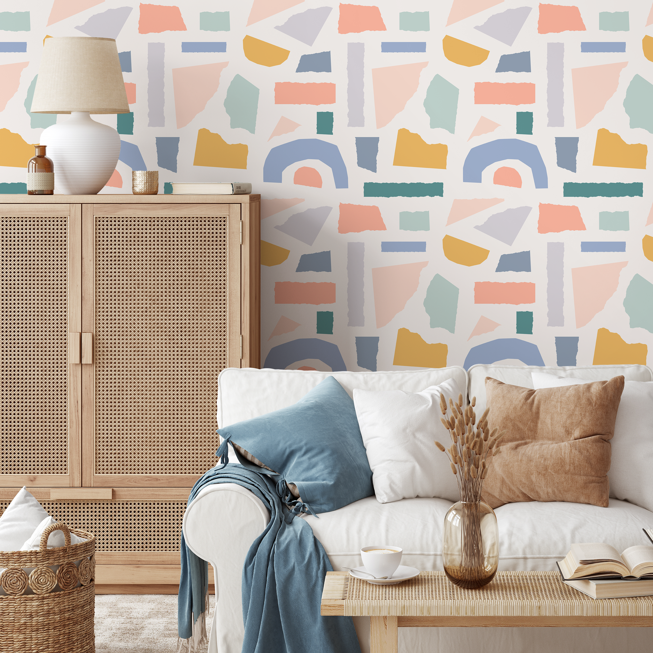 Abstract Wallpaper With A Torn Paper Collage In Blue, Yellow, And Pink - B446