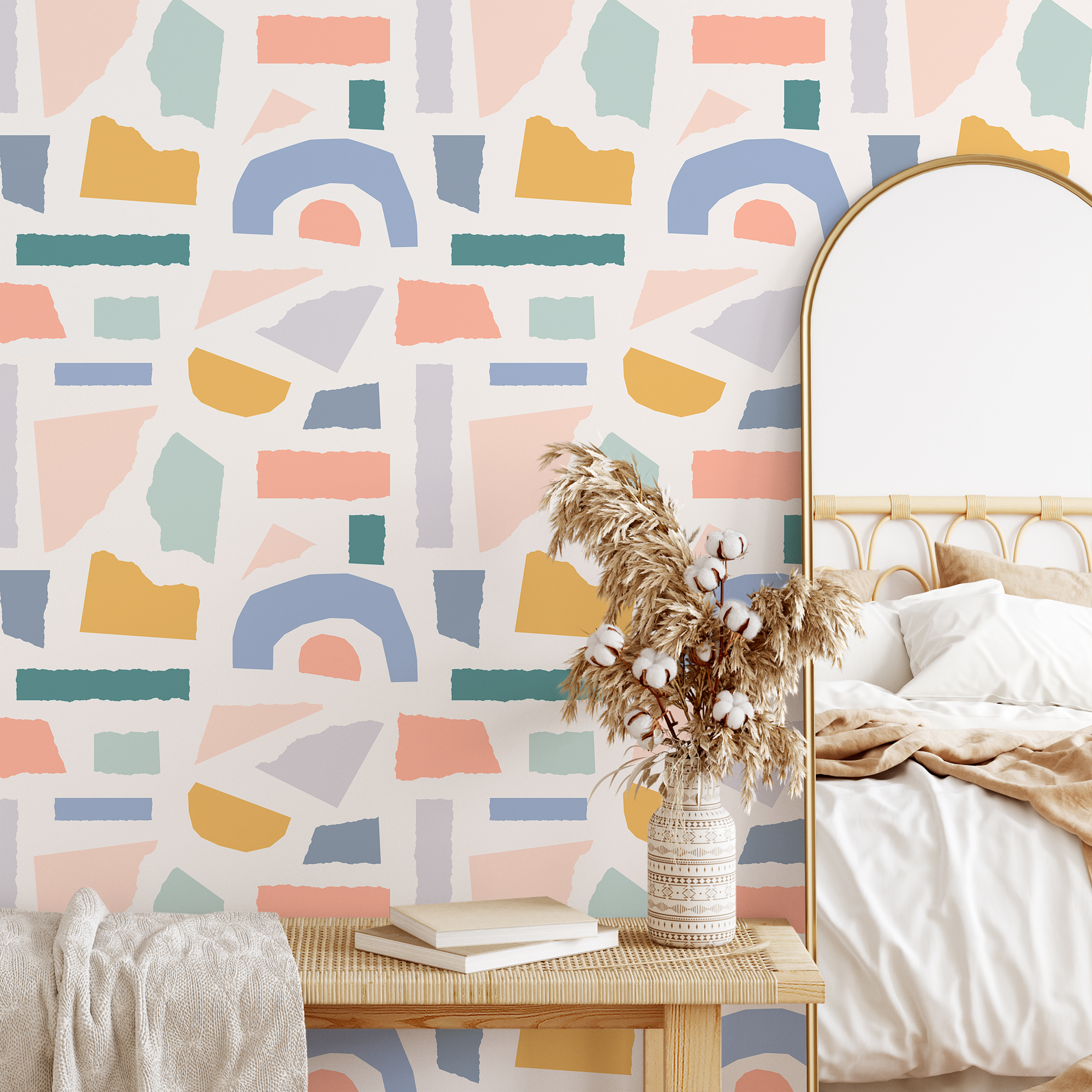 Abstract Wallpaper With A Torn Paper Collage In Blue, Yellow, And Pink - B446