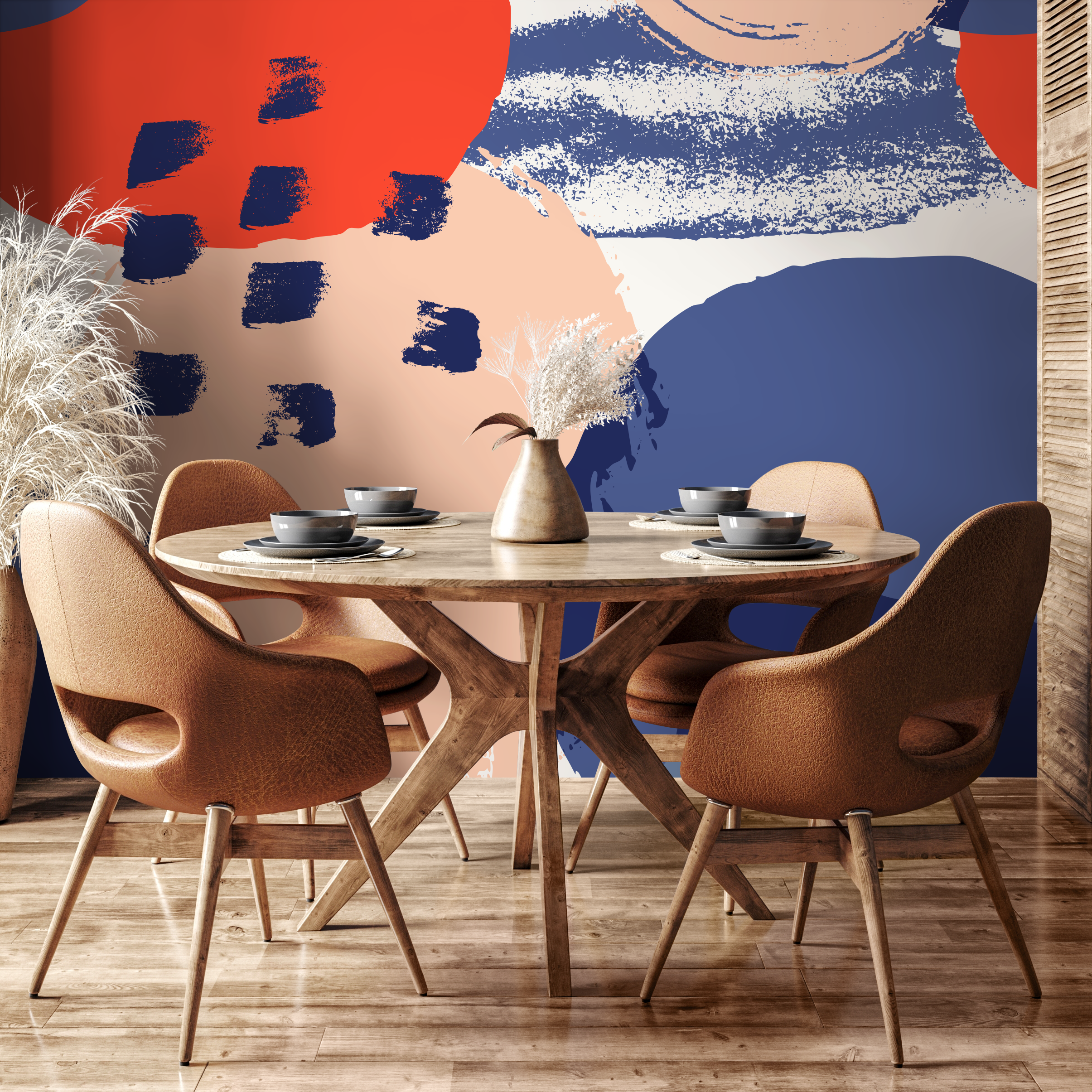 Abstract Wallpaper With Bold Brushstrokes In Red, Blue, And Peach - B449