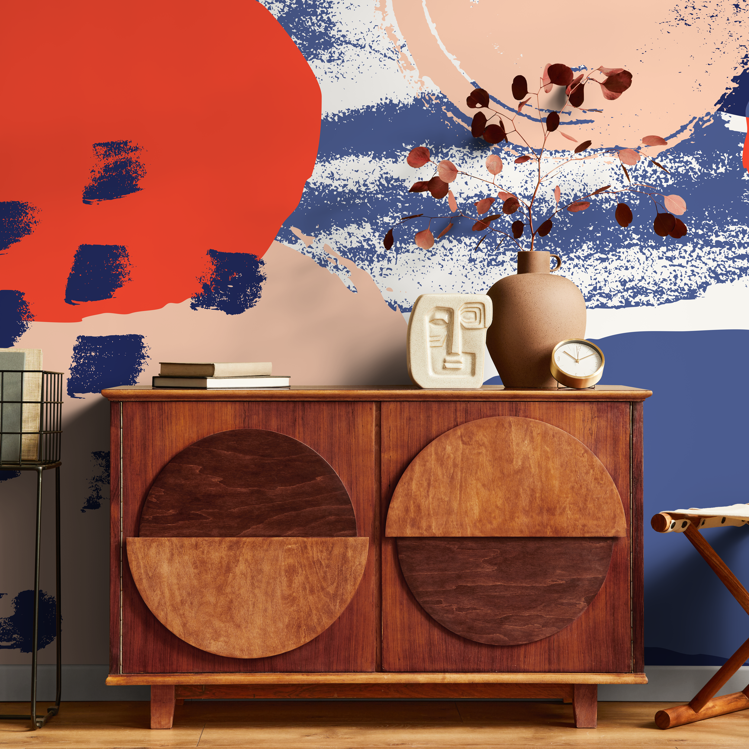 Abstract Wallpaper With Bold Brushstrokes In Red, Blue, And Peach - B449