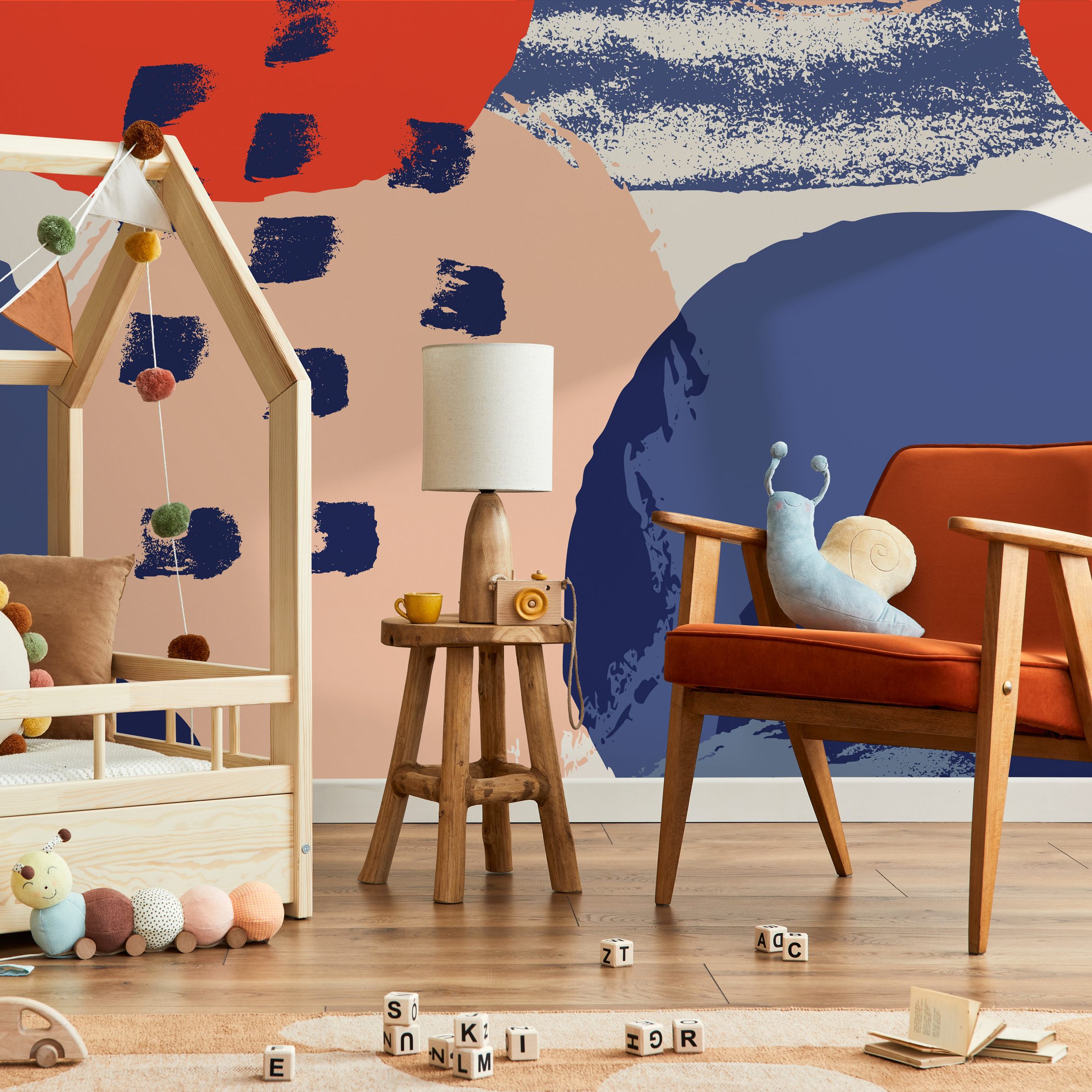 Abstract Wallpaper With Bold Brushstrokes In Red, Blue, And Peach - B449