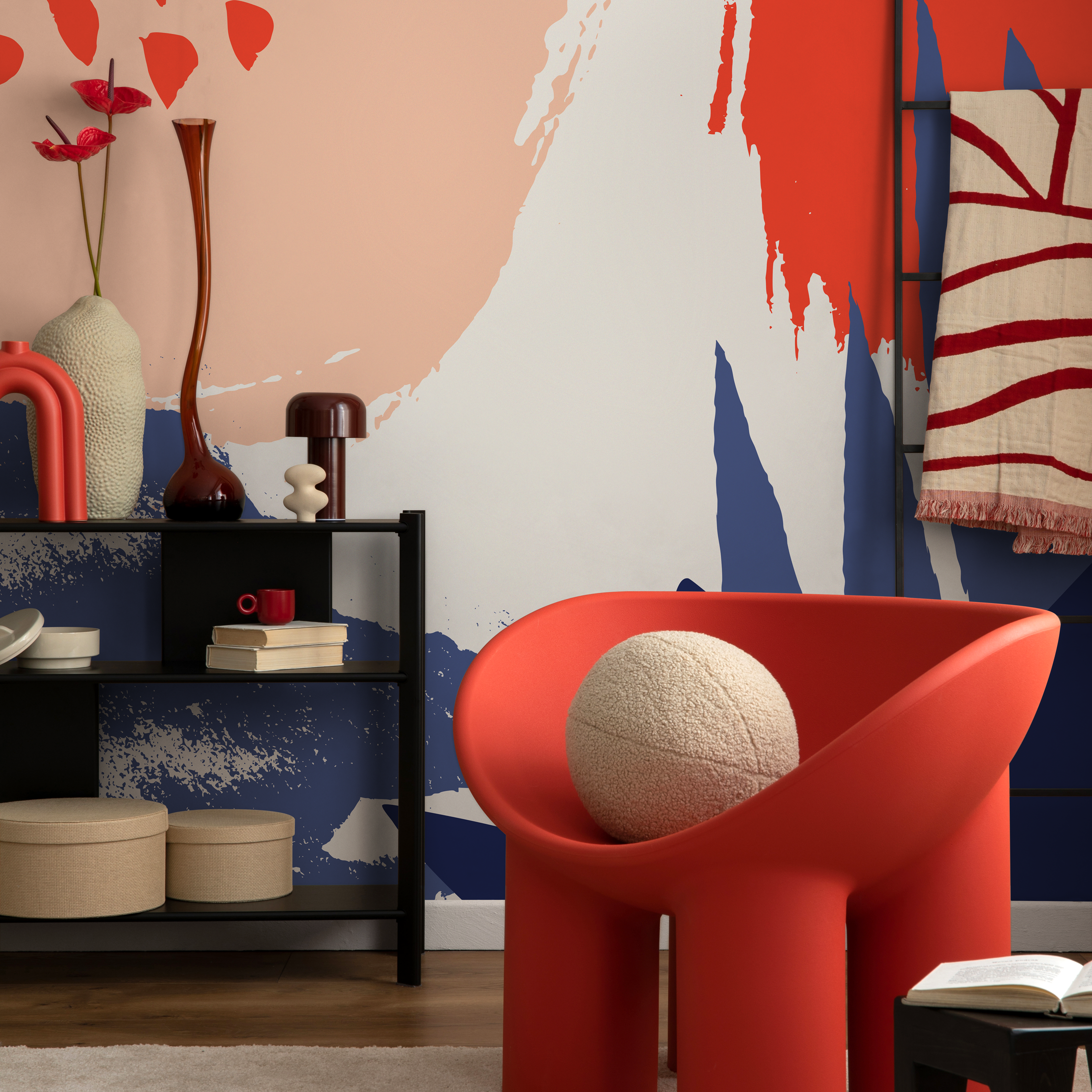 Abstract Wallpaper With Bold Brushstrokes In Red, Blue, And Peach - B450