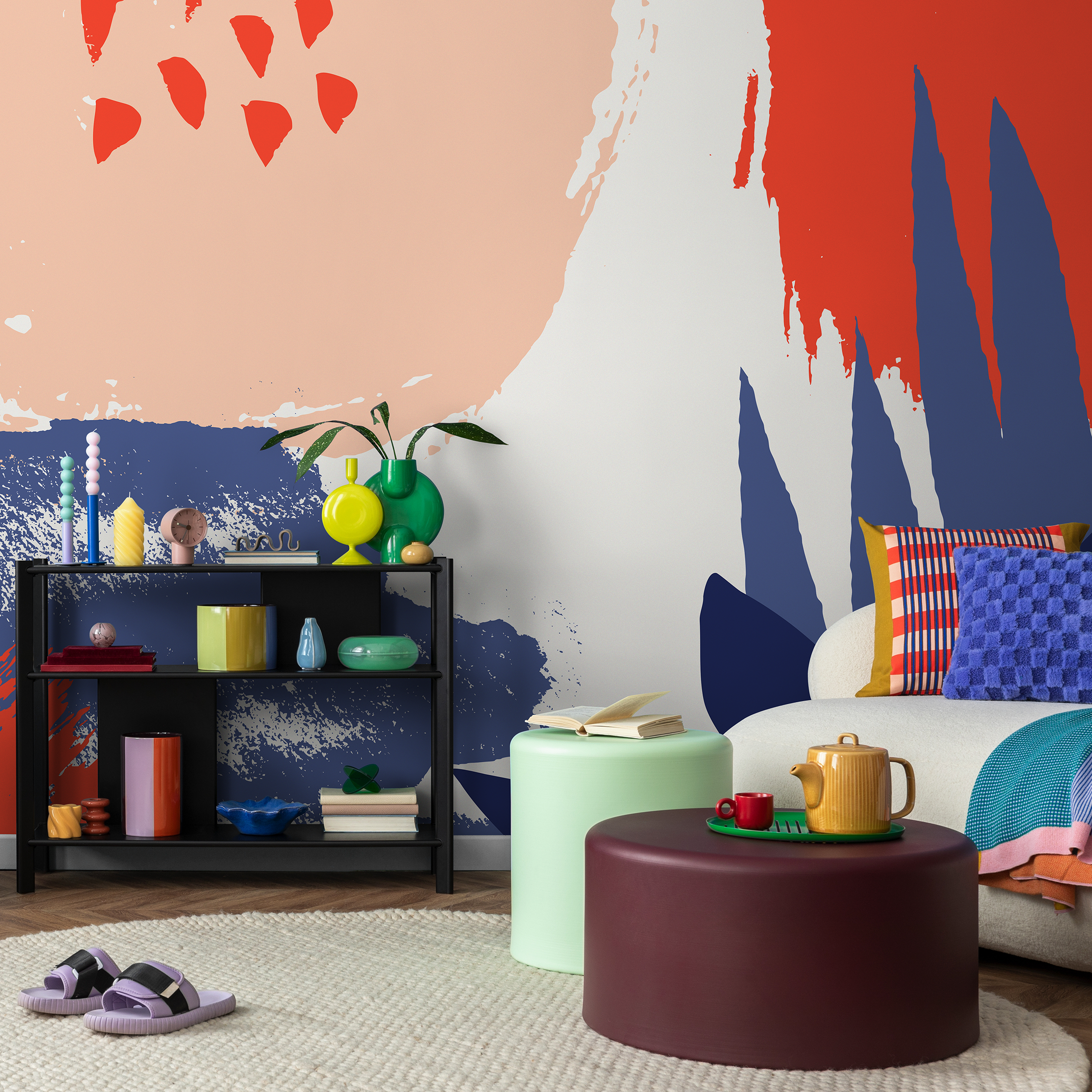 Abstract Wallpaper With Bold Brushstrokes In Red, Blue, And Peach - B450