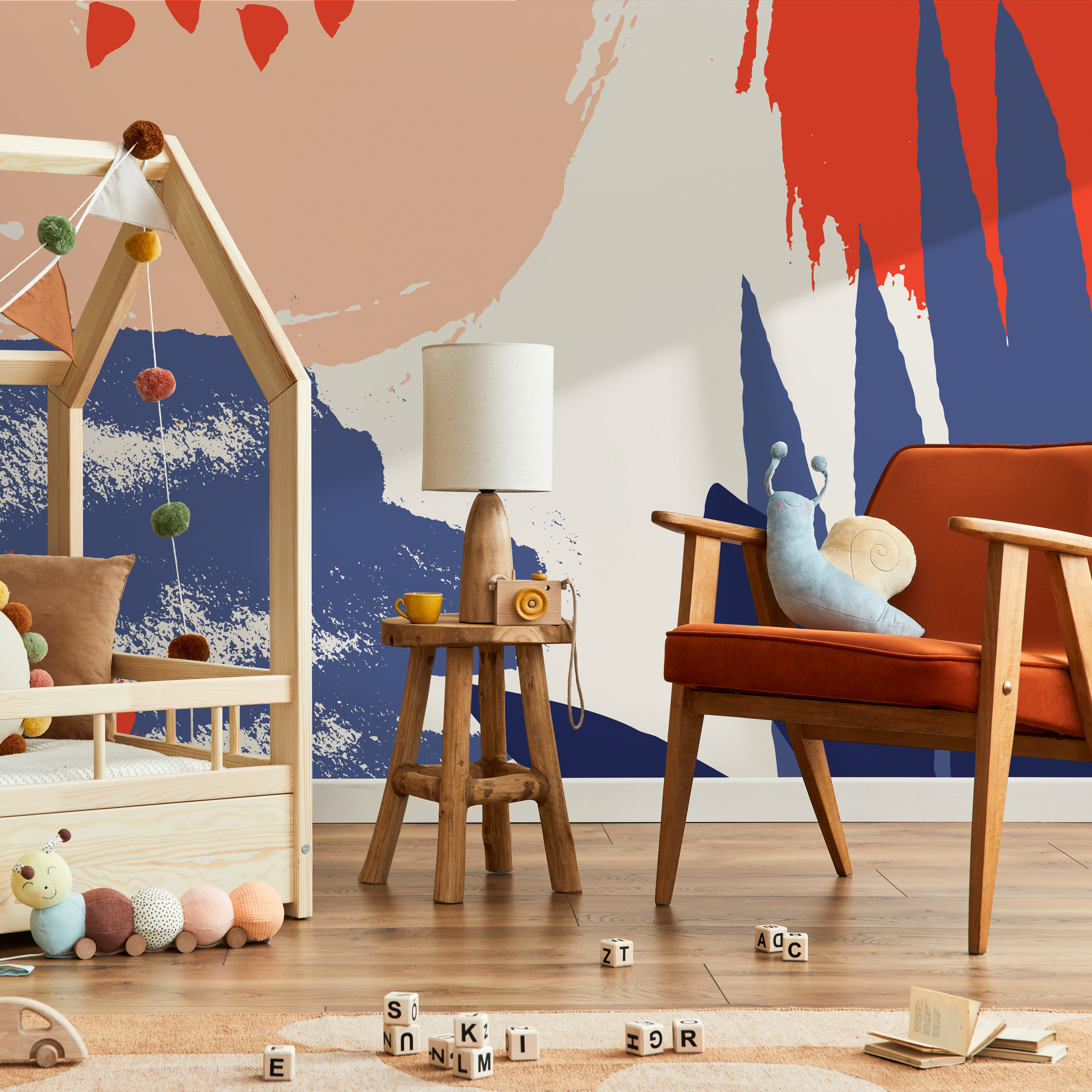 Abstract Wallpaper With Bold Brushstrokes In Red, Blue, And Peach - B450