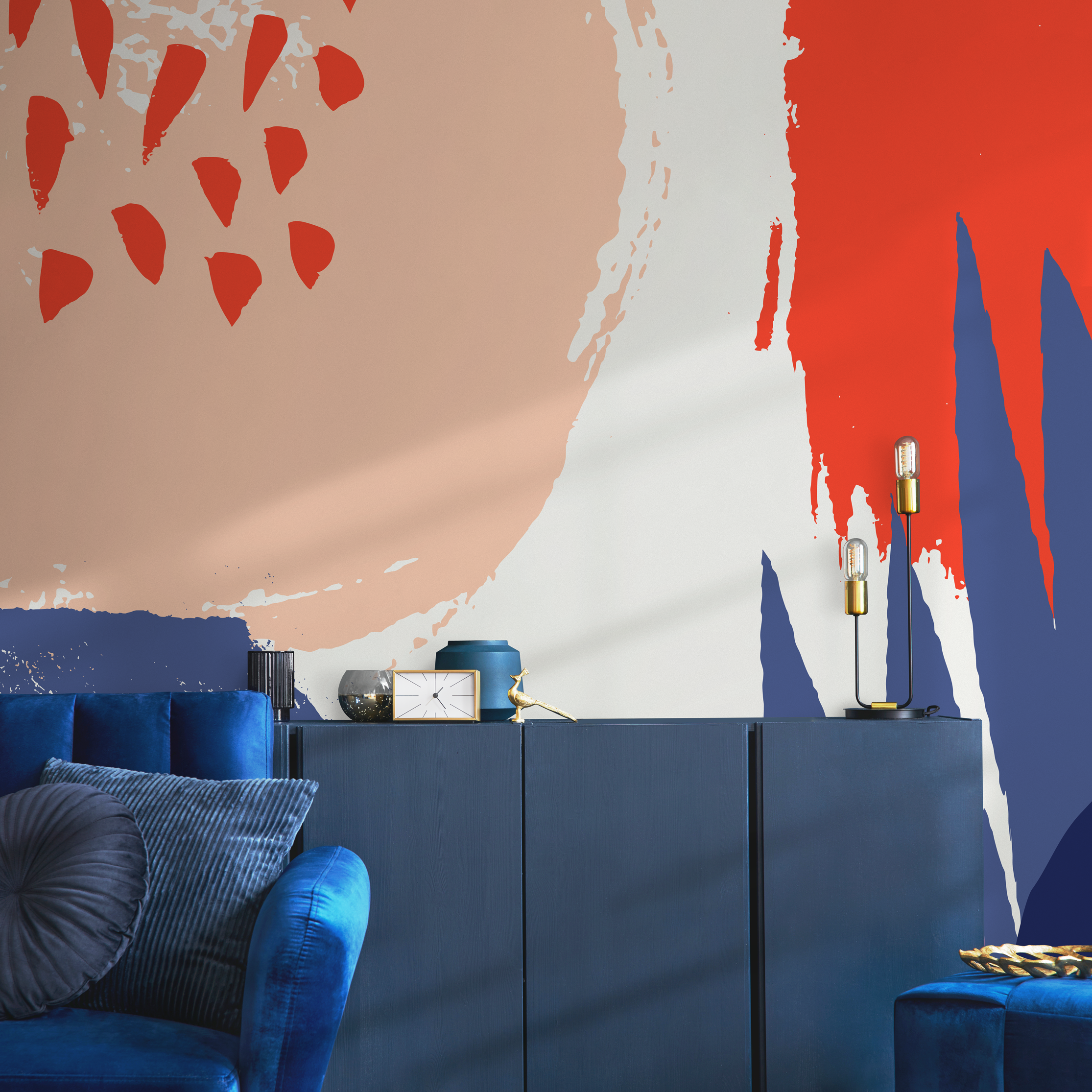Abstract Wallpaper With Bold Brushstrokes In Red, Blue, And Peach - B450