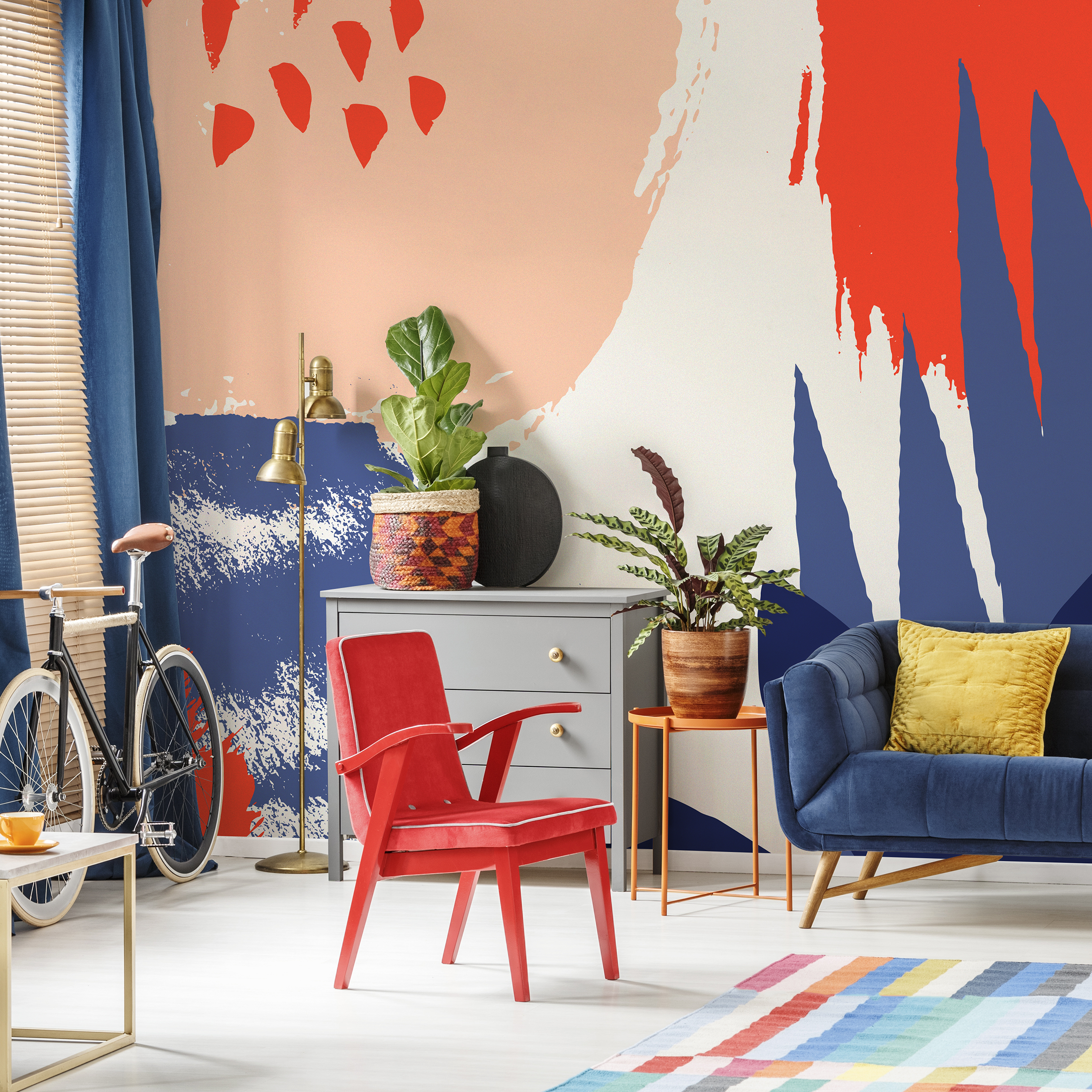 Abstract Wallpaper With Bold Brushstrokes In Red, Blue, And Peach - B450