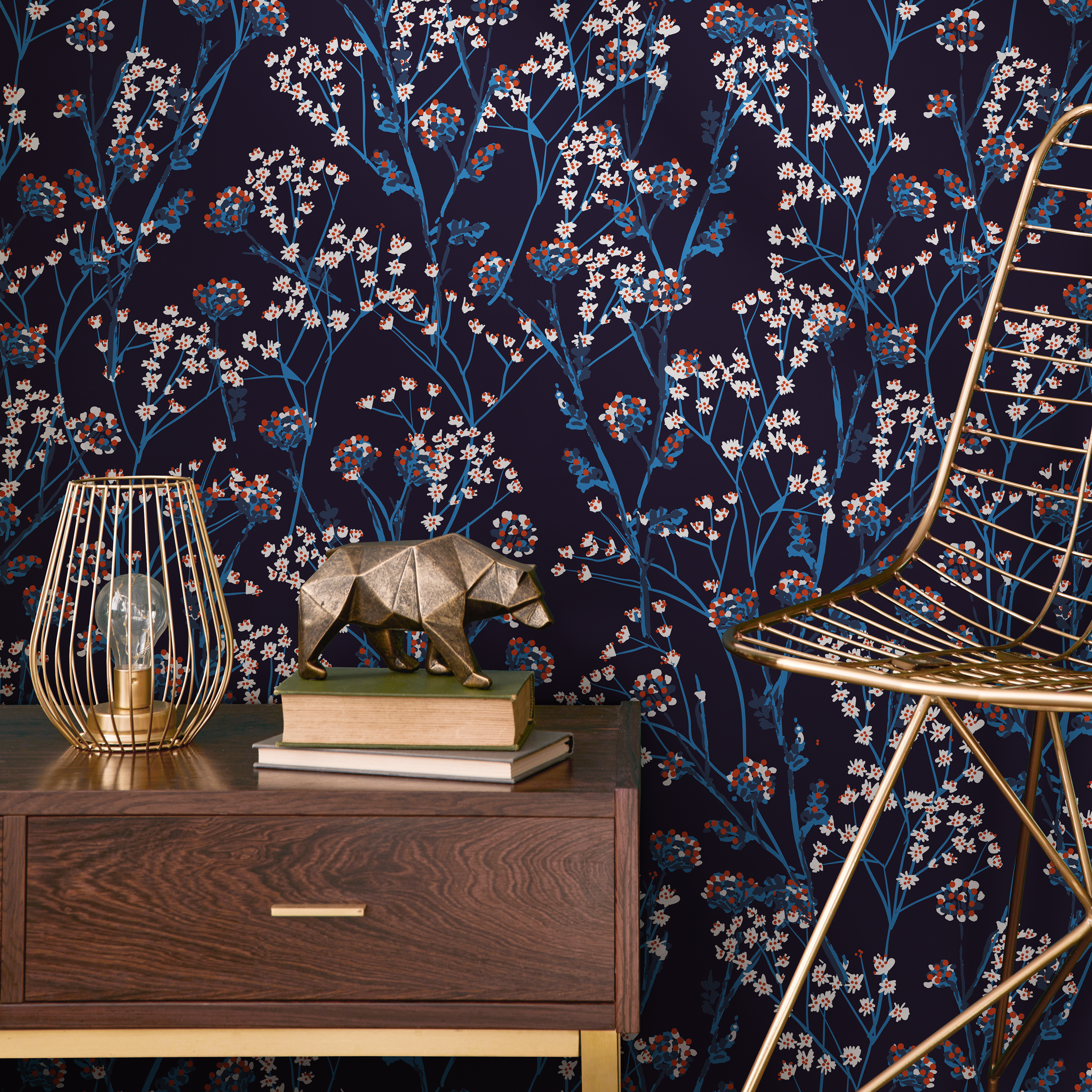 Botanical Wallpaper Featuring Wildflower Sprigs In Navy Blue, Red, And White - B452