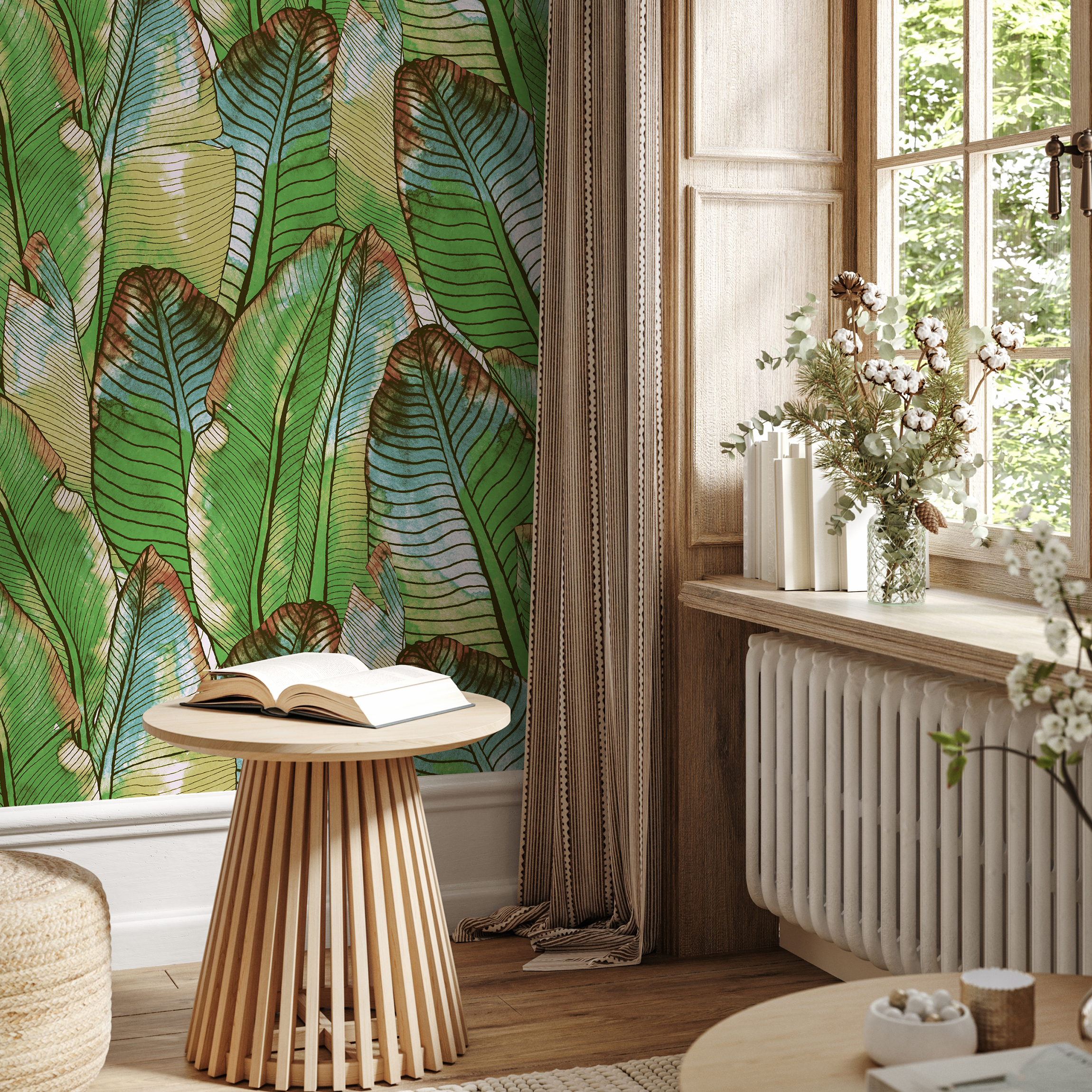 Botanical Wallpaper With Watercolor Banana Leaves In Green And Blue - B453