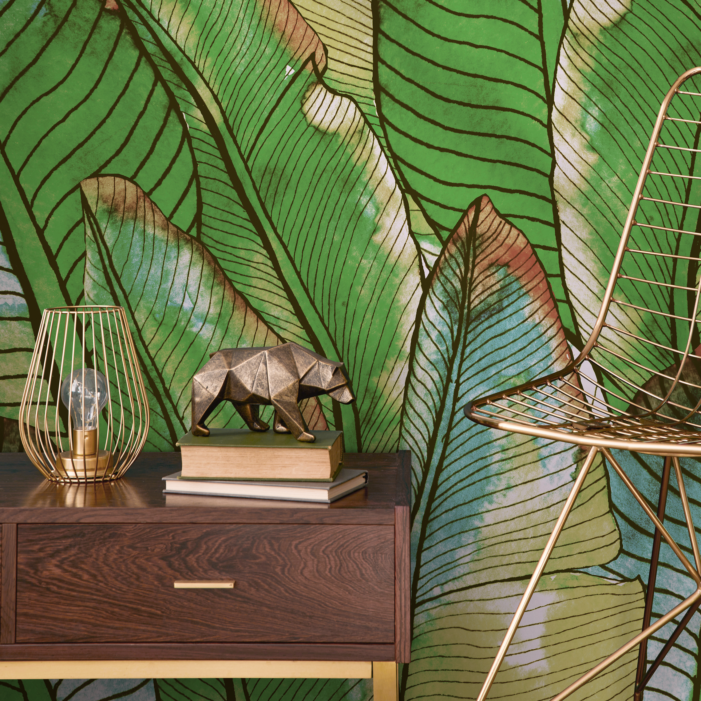Botanical Wallpaper With Watercolor Banana Leaves In Green And Blue - B453