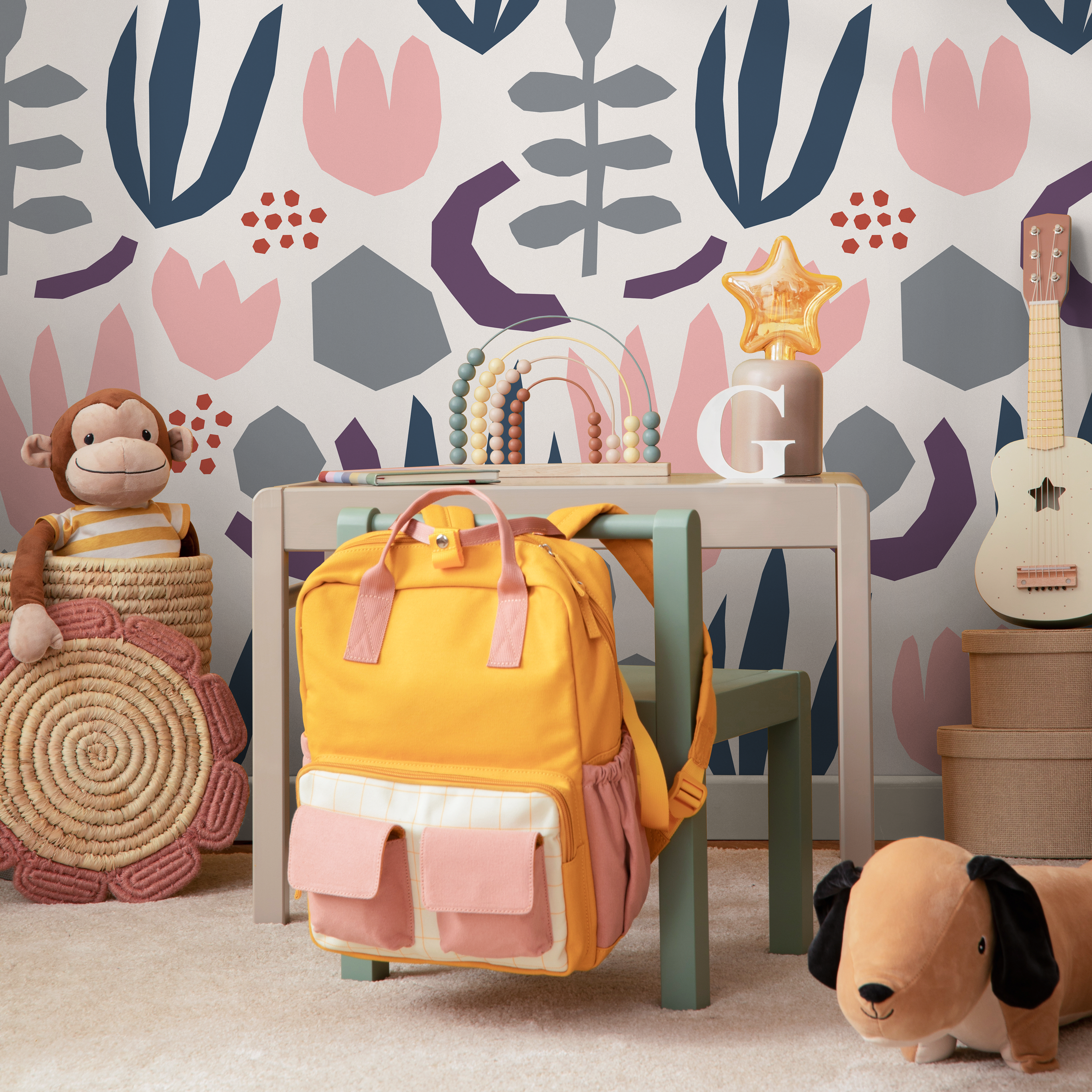 Abstract Wallpaper With Scandinavian Cutout Florals In Blue, Pink, And Grey - B454